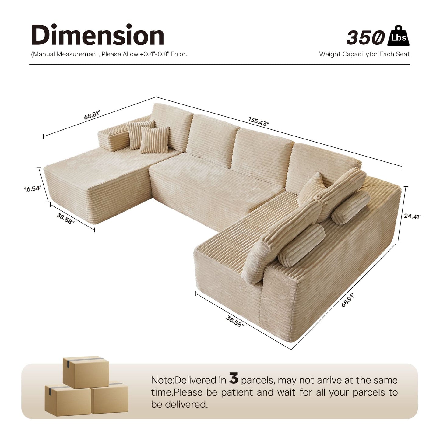 Modular Sectional Cloud Couch, Plush Corduroy Sofa with Memory Foam, No Assembly