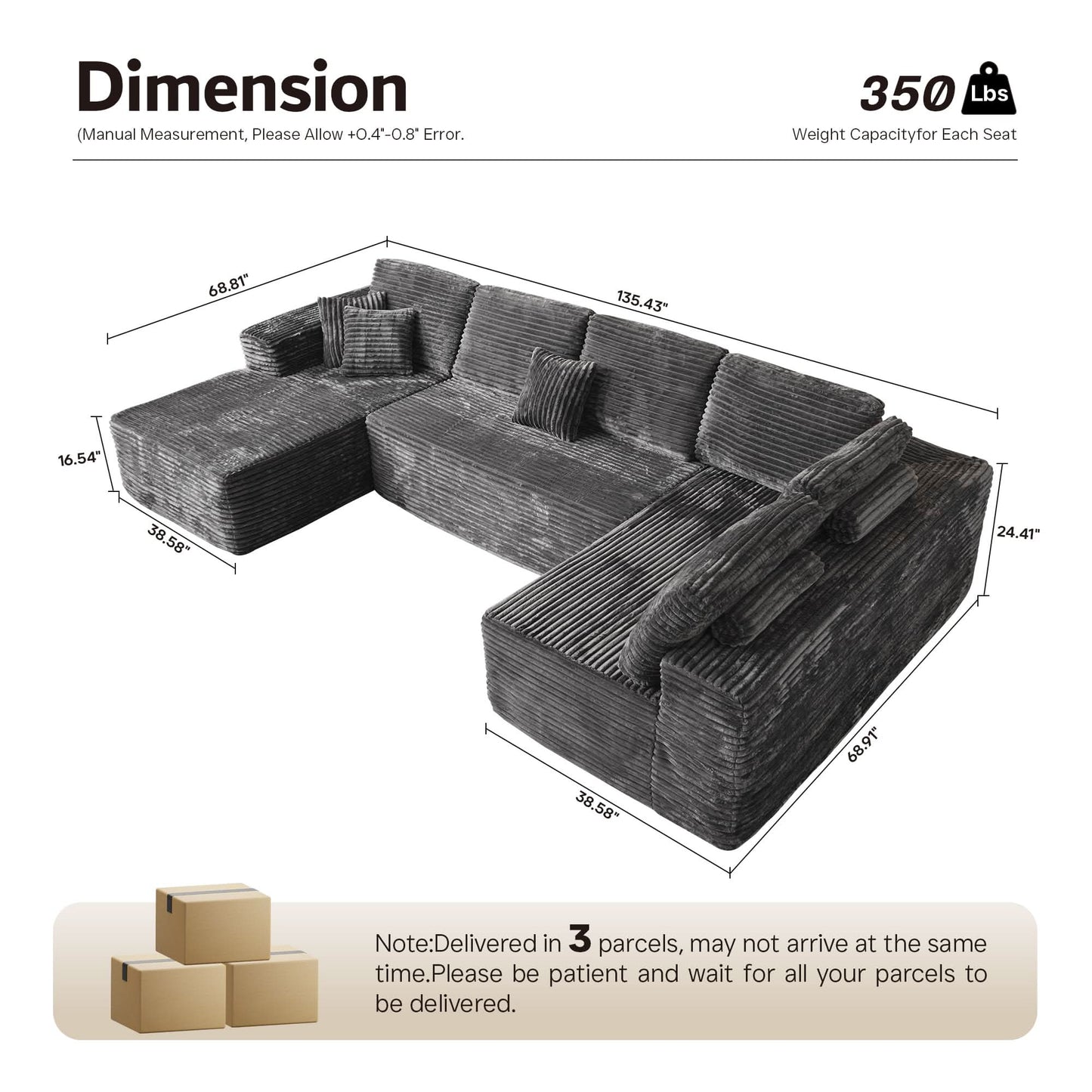 Modular Sectional Cloud Couch, Plush Corduroy Sofa with Memory Foam, No Assembly