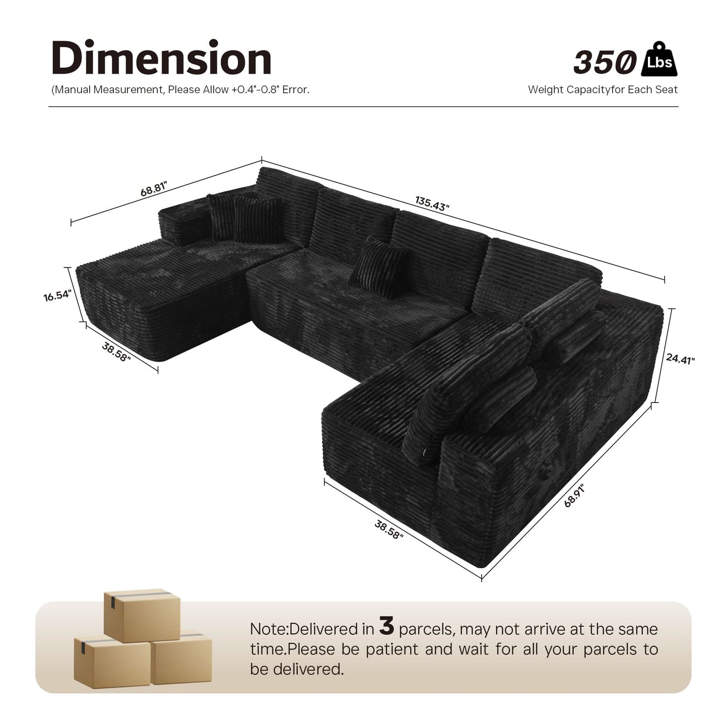 Modular Sectional Cloud Couch, Plush Corduroy Sofa with Memory Foam, No Assembly