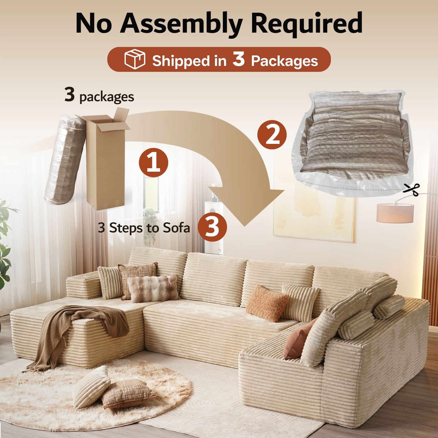 Modular Sectional Cloud Couch, Plush Corduroy Sofa with Memory Foam, No Assembly