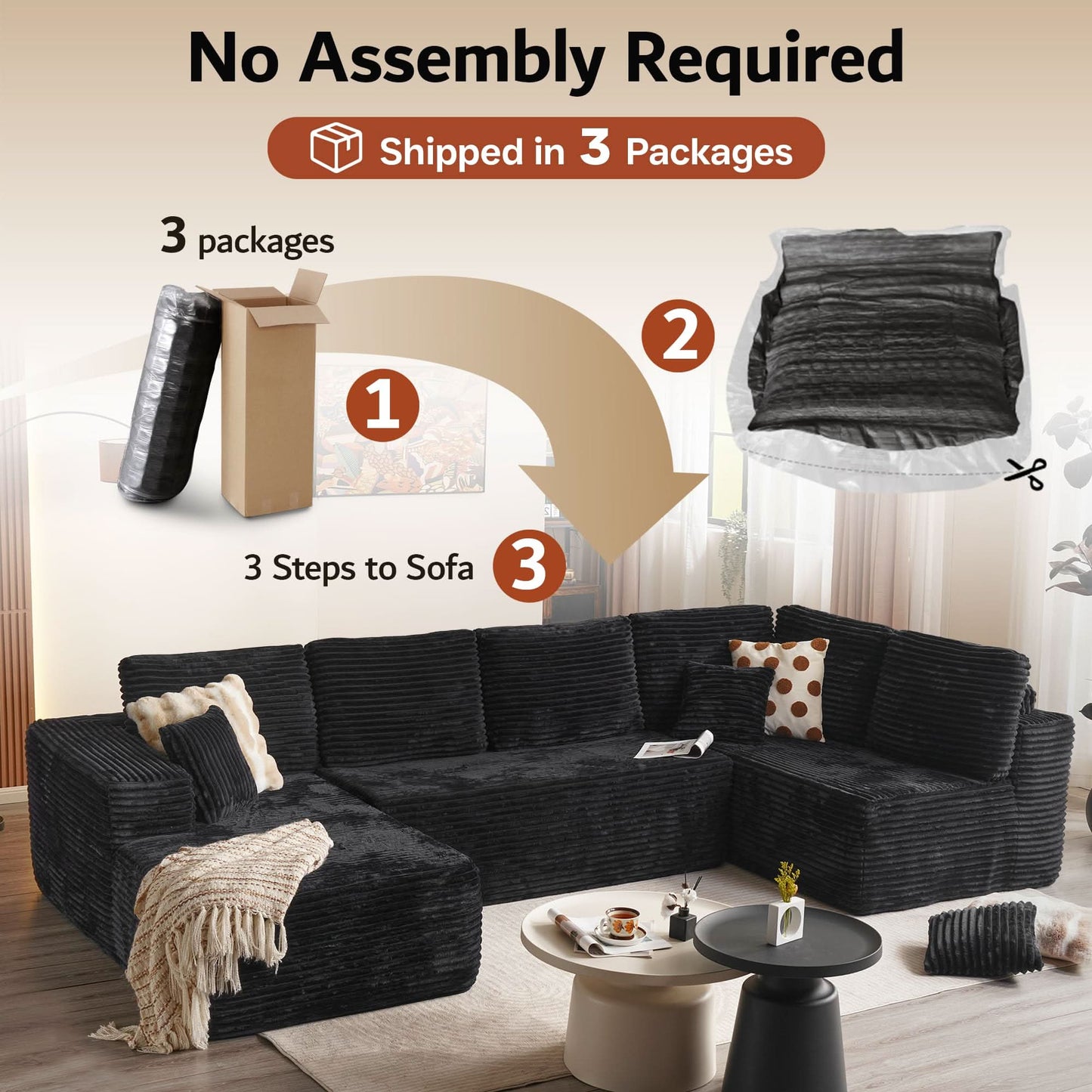Modular Sectional Cloud Couch, Plush Corduroy Sofa with Memory Foam, No Assembly