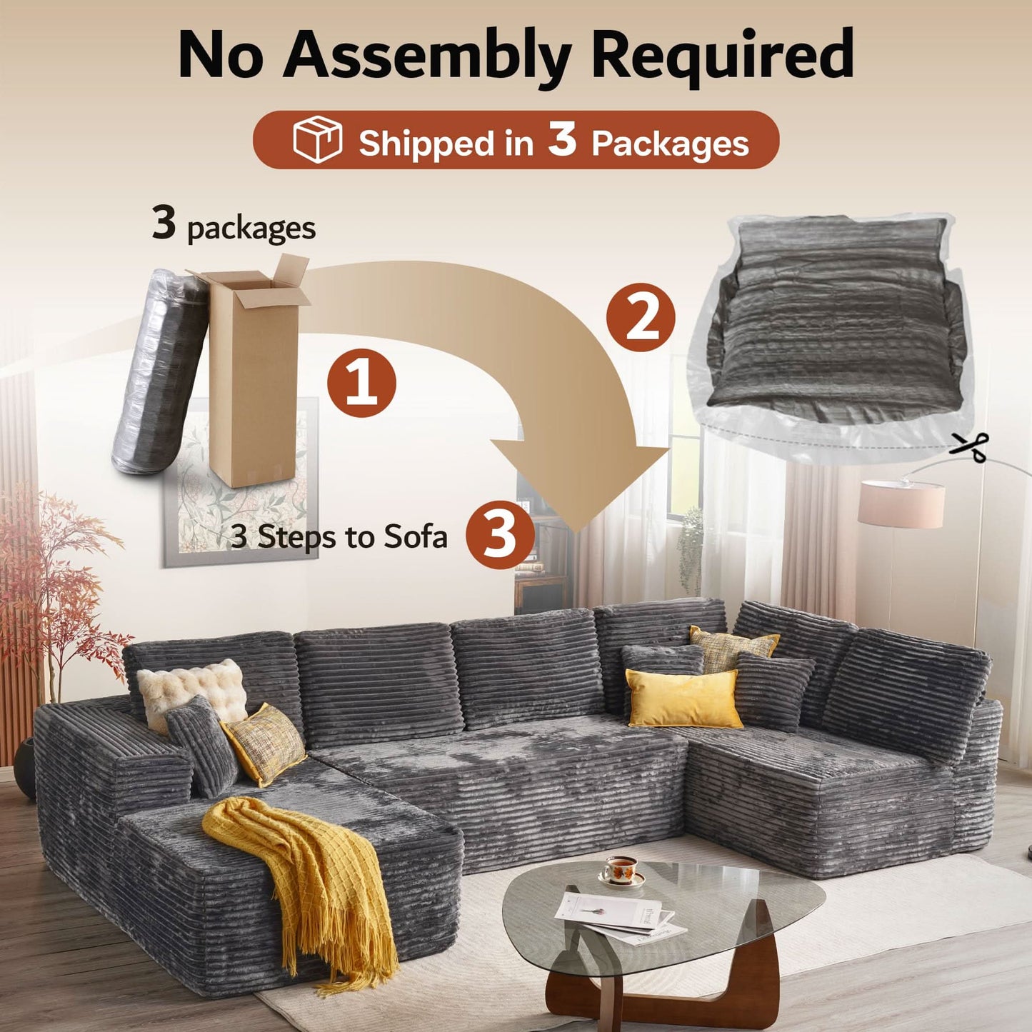 Modular Sectional Cloud Couch, Plush Corduroy Sofa with Memory Foam, No Assembly