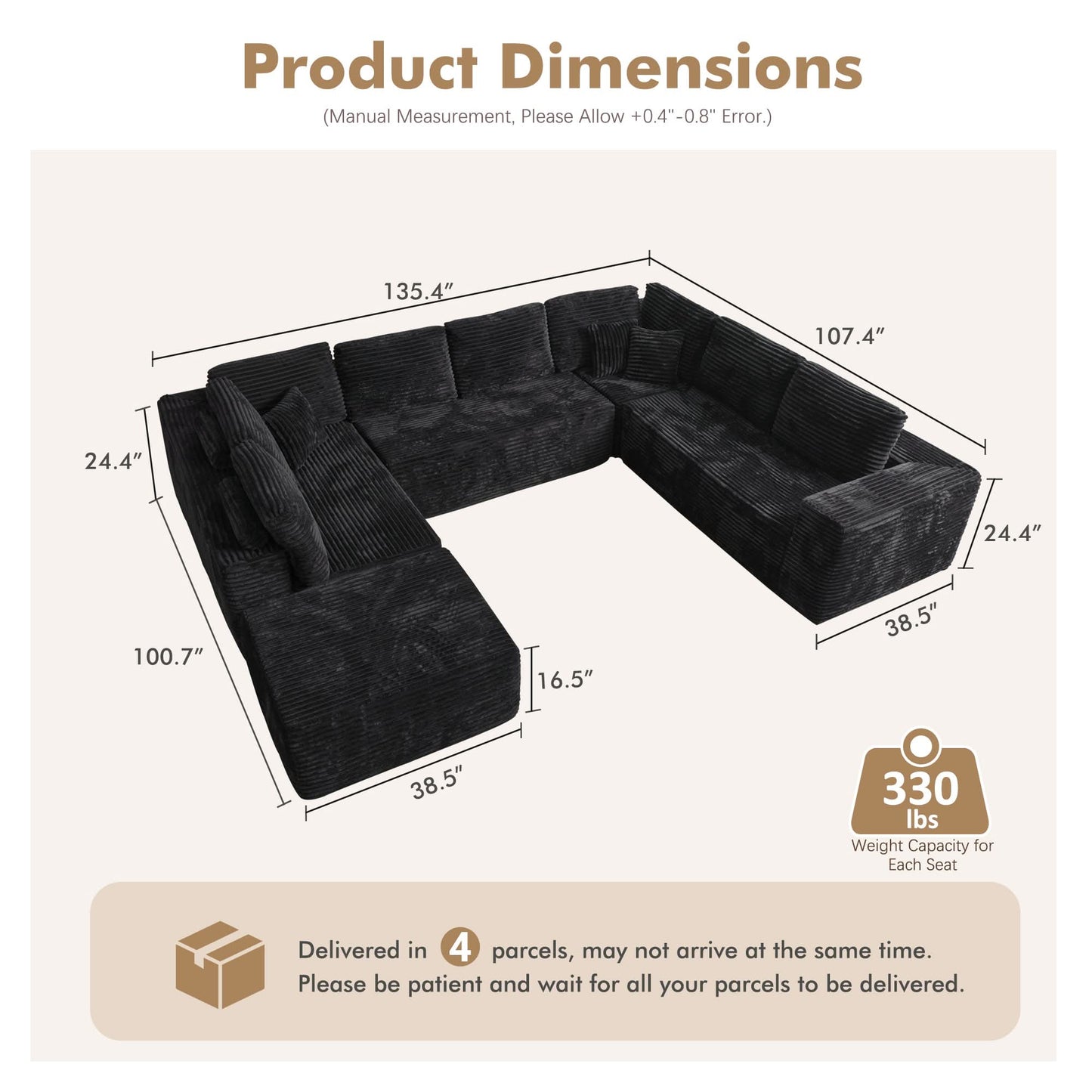 Modular Sectional Cloud Couch, Plush Corduroy Sofa with Memory Foam, No Assembly