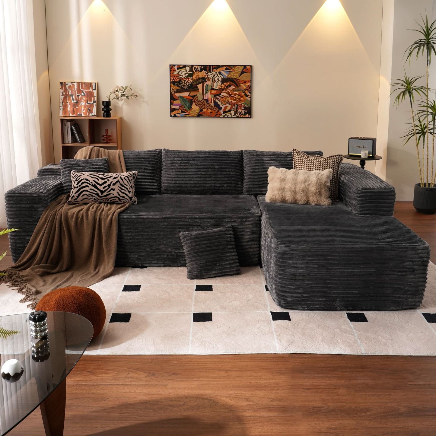 104" L-Shape Modular Couch with Chaise, Plush Corduroy Fabric, No Assembly Required