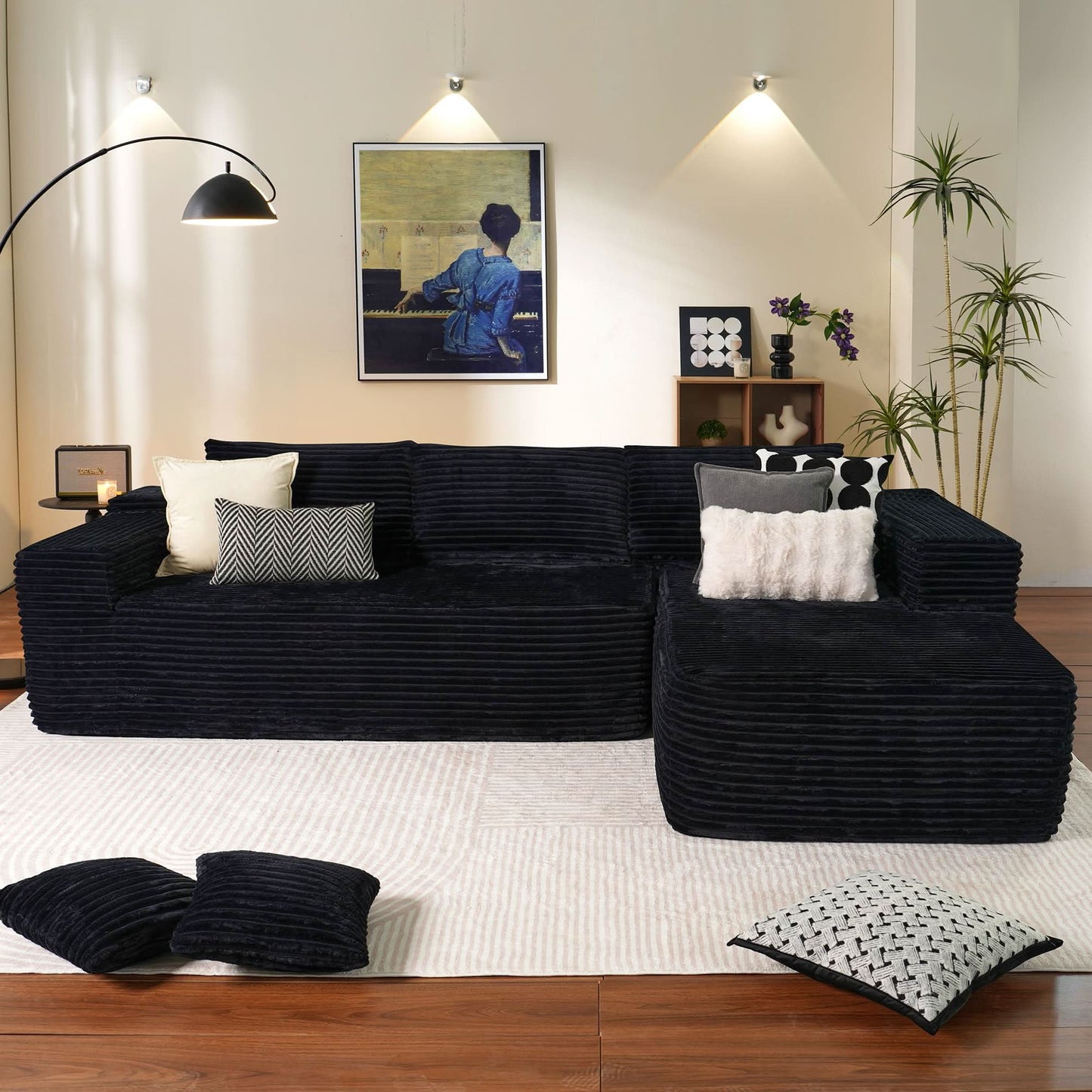 104" L-Shape Modular Couch with Chaise, Plush Corduroy Fabric, No Assembly Required