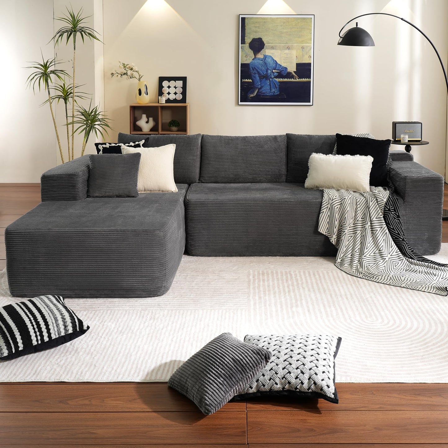 104" L-Shape Modular Couch with Chaise,Corduroy Fabric,No Assembly Required
