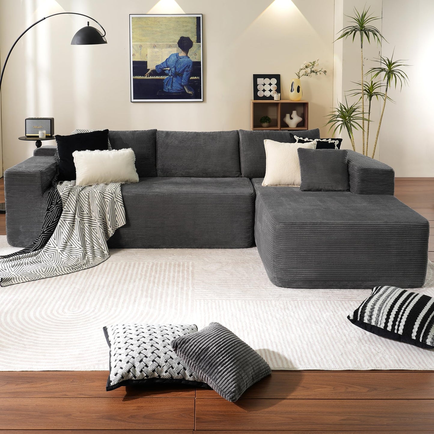104" L-Shape Modular Couch with Chaise,Corduroy Fabric,No Assembly Required
