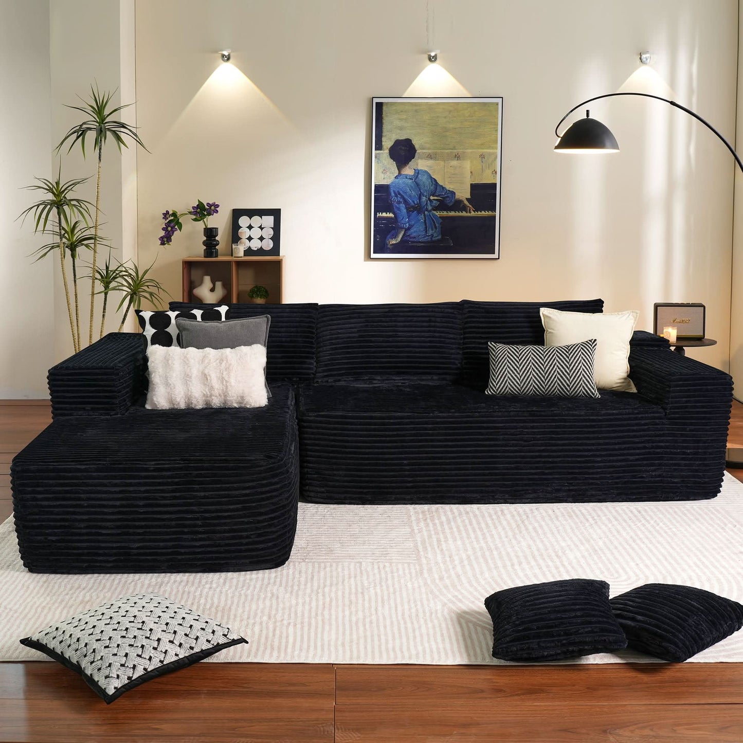 104" L-Shape Modular Couch with Chaise, Plush Corduroy Fabric, No Assembly Required