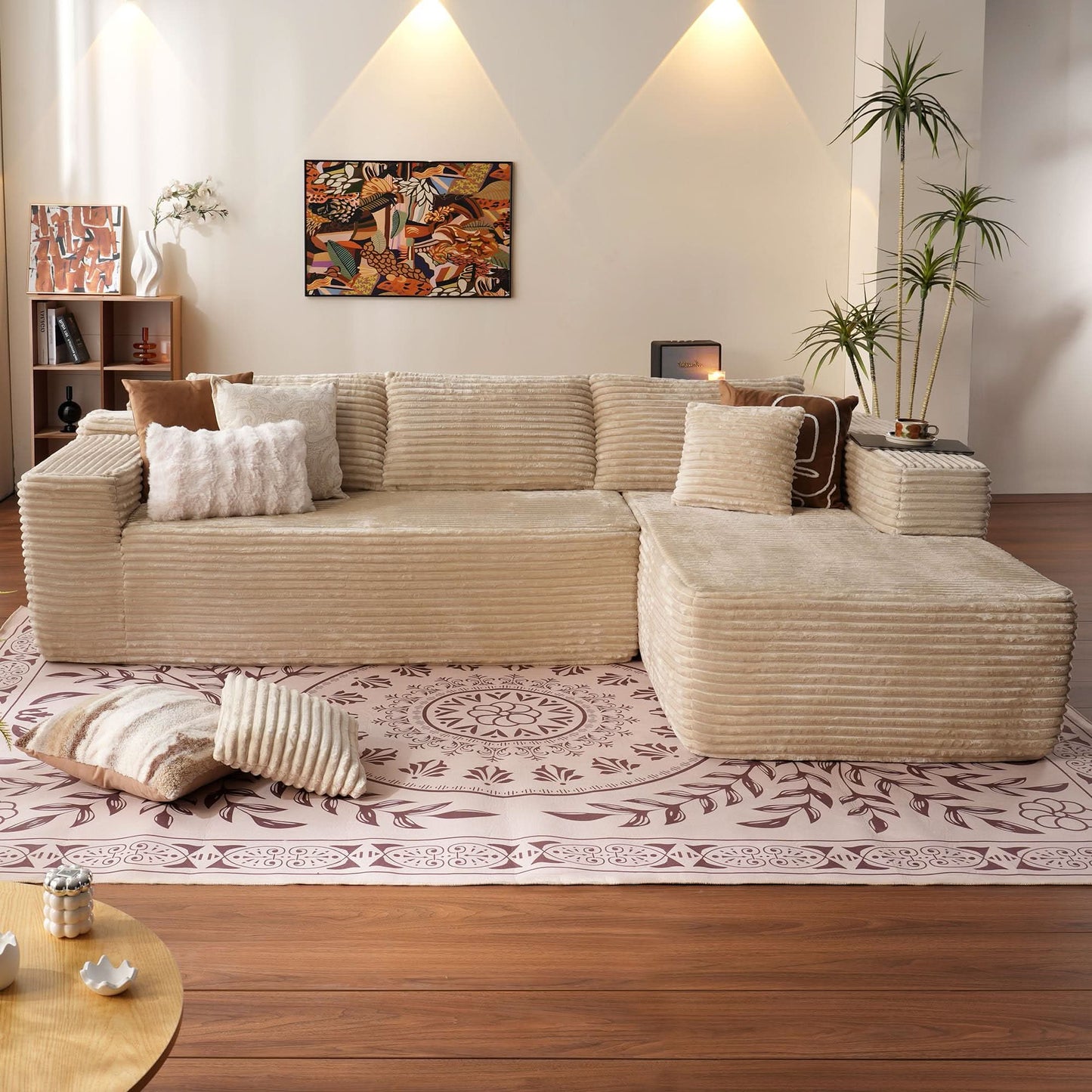 104" L-Shape Modular Couch with Chaise, Plush Corduroy Fabric, No Assembly Required