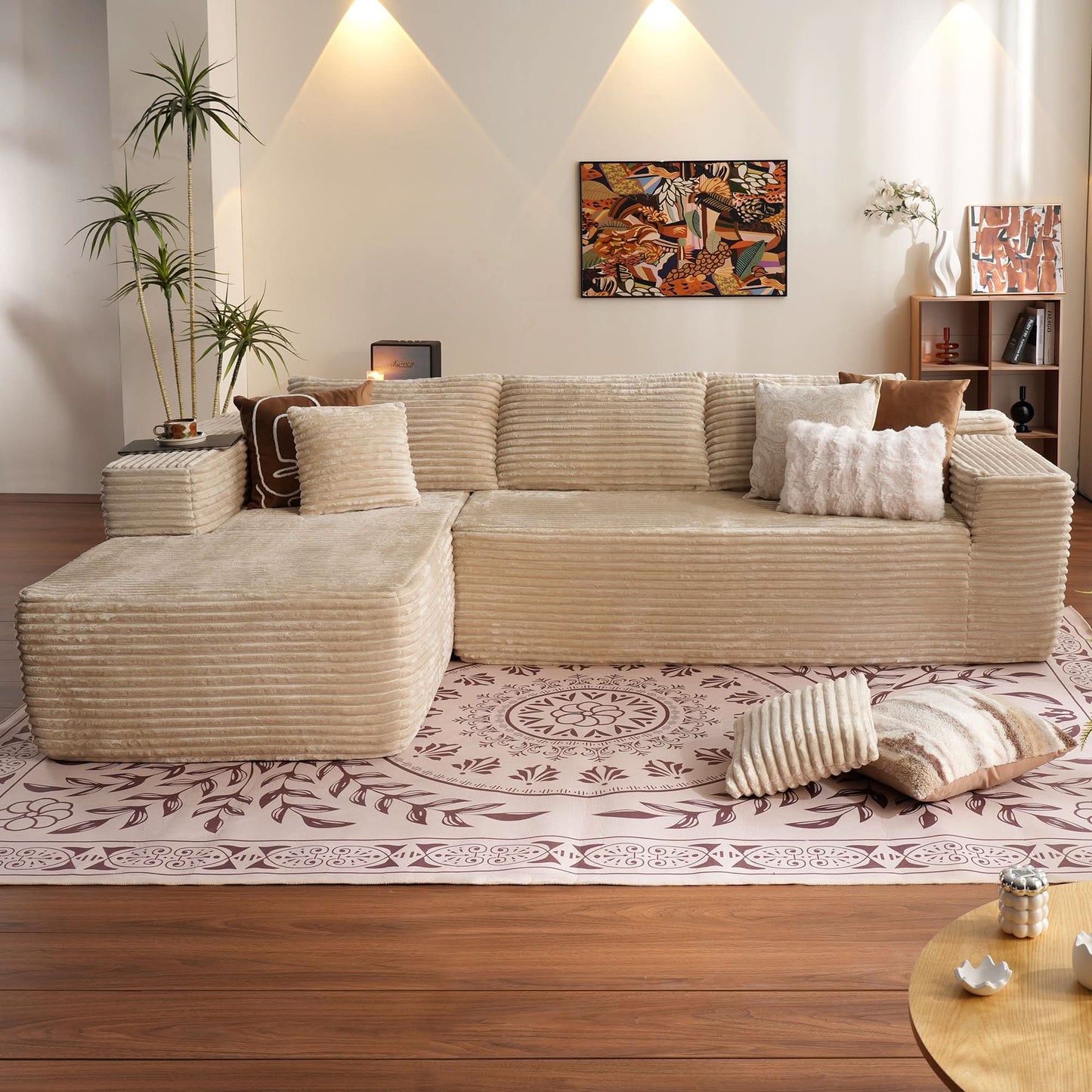 104" L-Shape Modular Couch with Chaise, Plush Corduroy Fabric, No Assembly Required