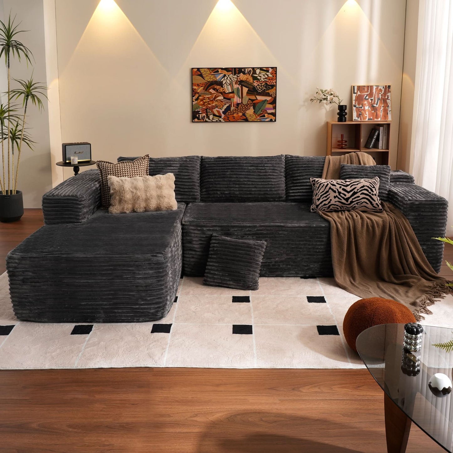 104" L-Shape Modular Couch with Chaise, Plush Corduroy Fabric, No Assembly Required