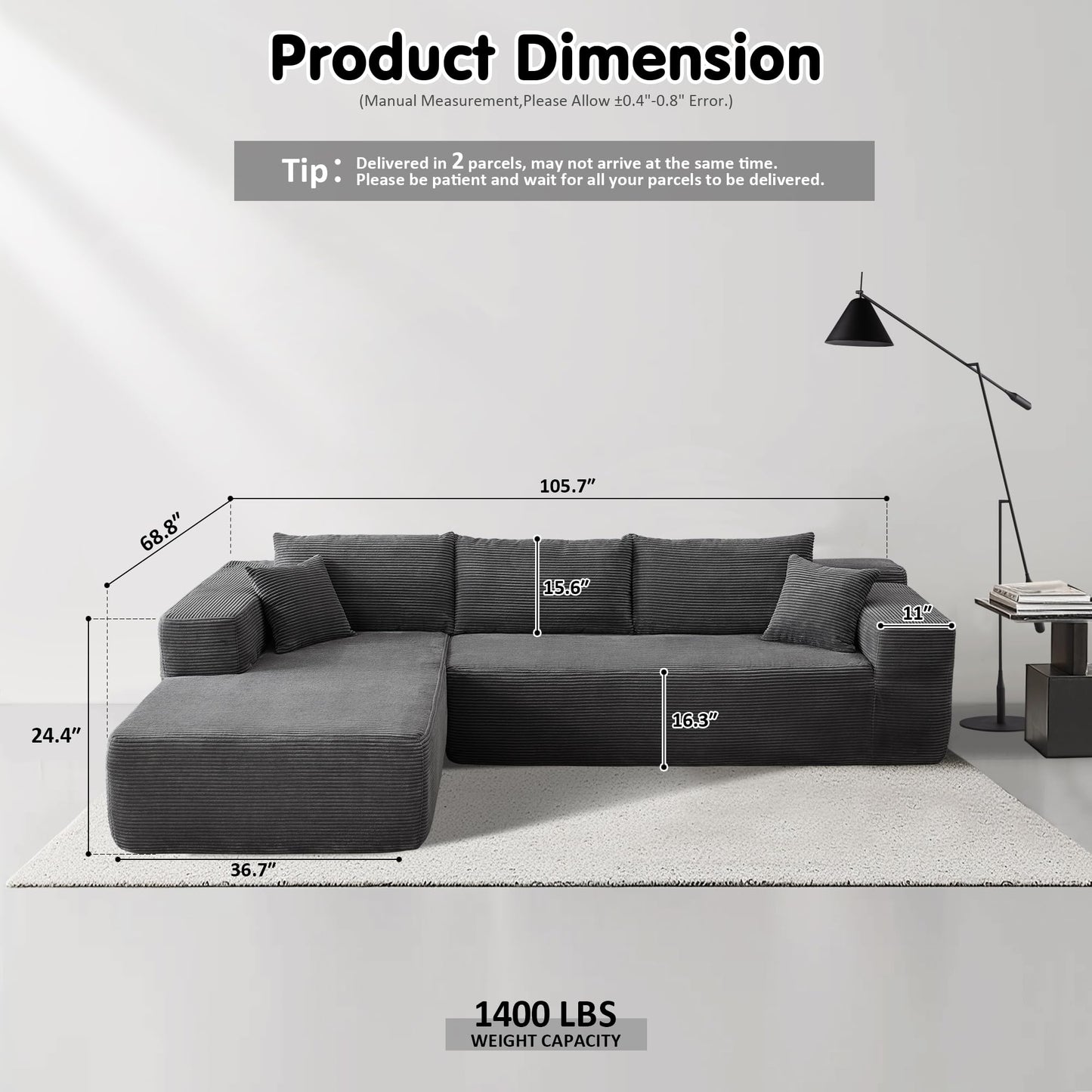 104" L-Shape Modular Couch with Chaise,Corduroy Fabric,No Assembly Required