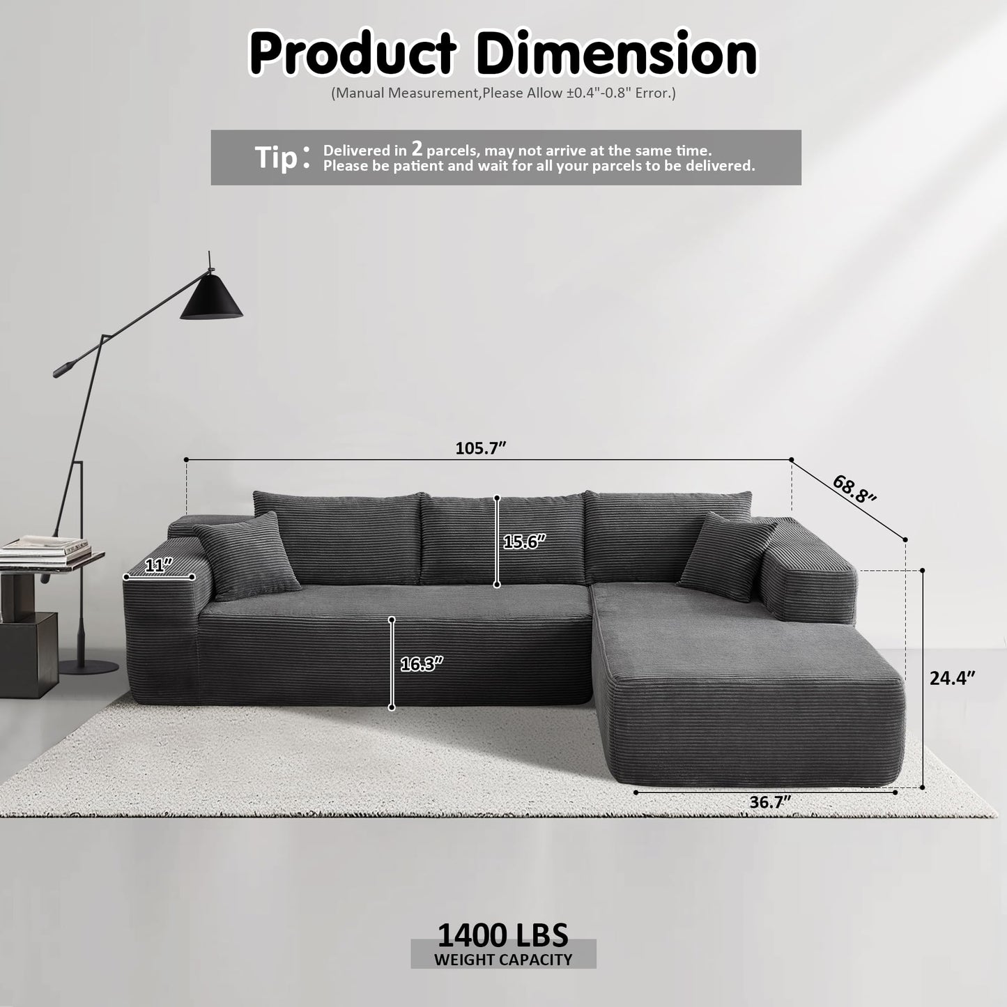 104" L-Shape Modular Couch with Chaise,Corduroy Fabric,No Assembly Required