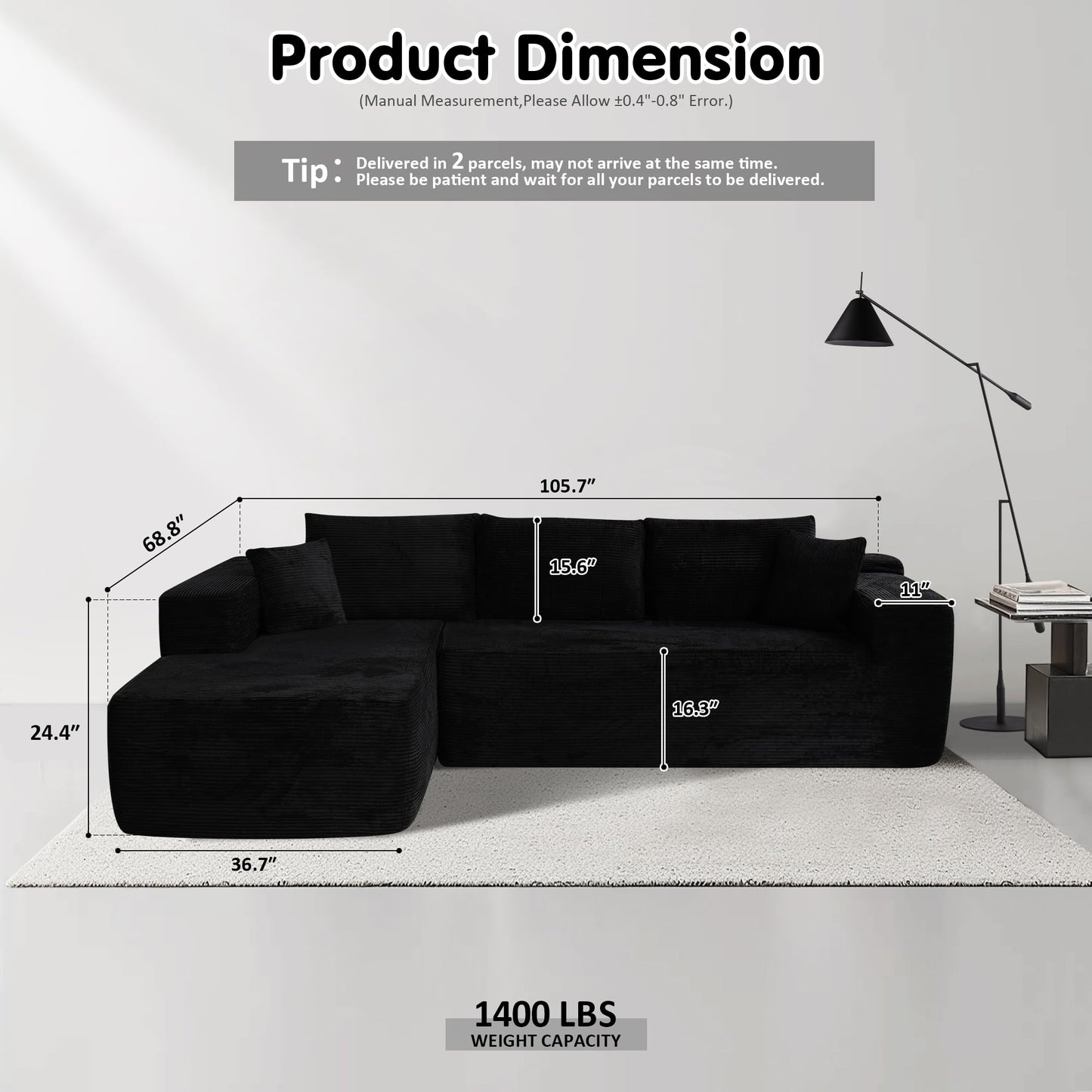 104" L-Shape Modular Couch with Chaise,Corduroy Fabric,No Assembly Required