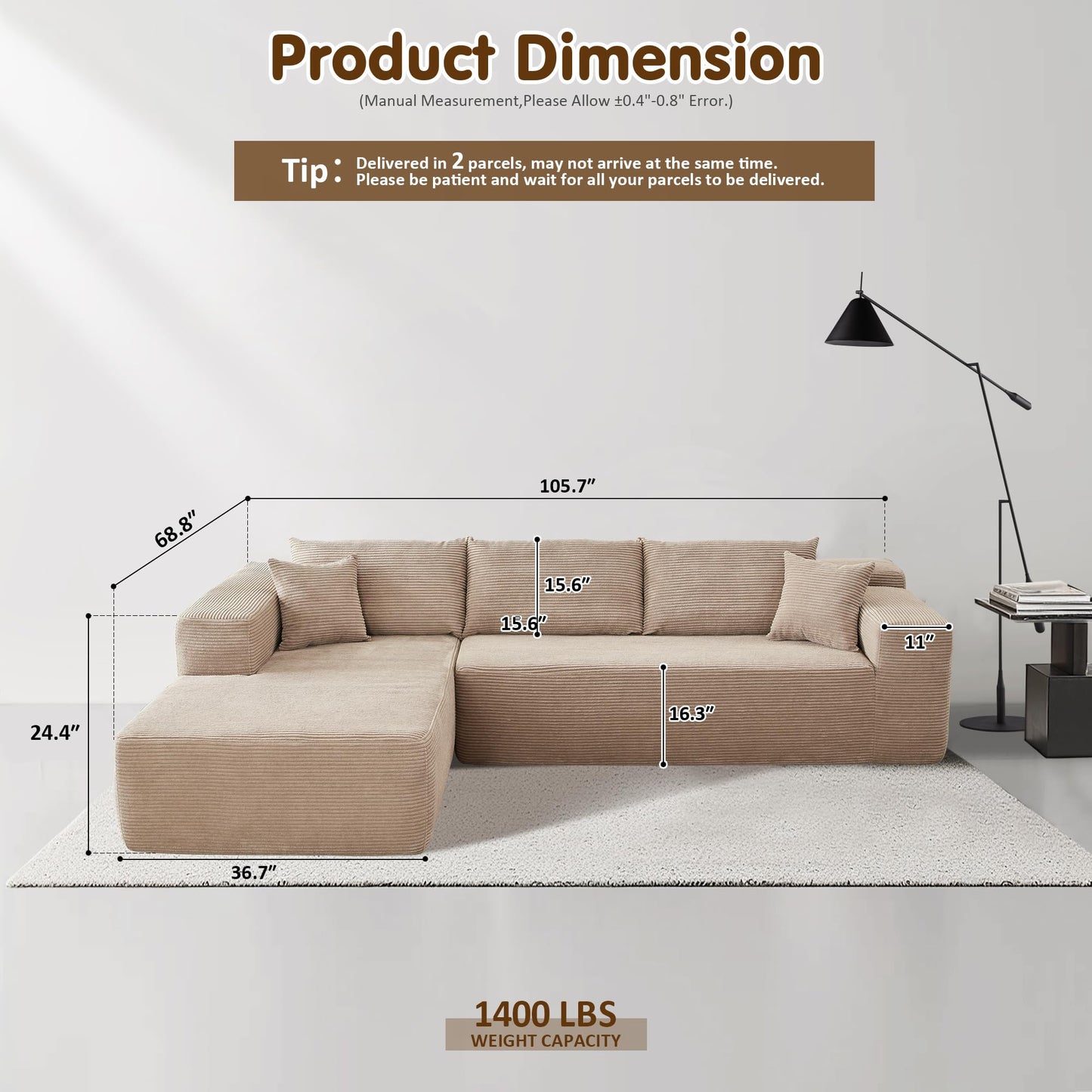 104" L-Shape Modular Couch with Chaise,Corduroy Fabric,No Assembly Required