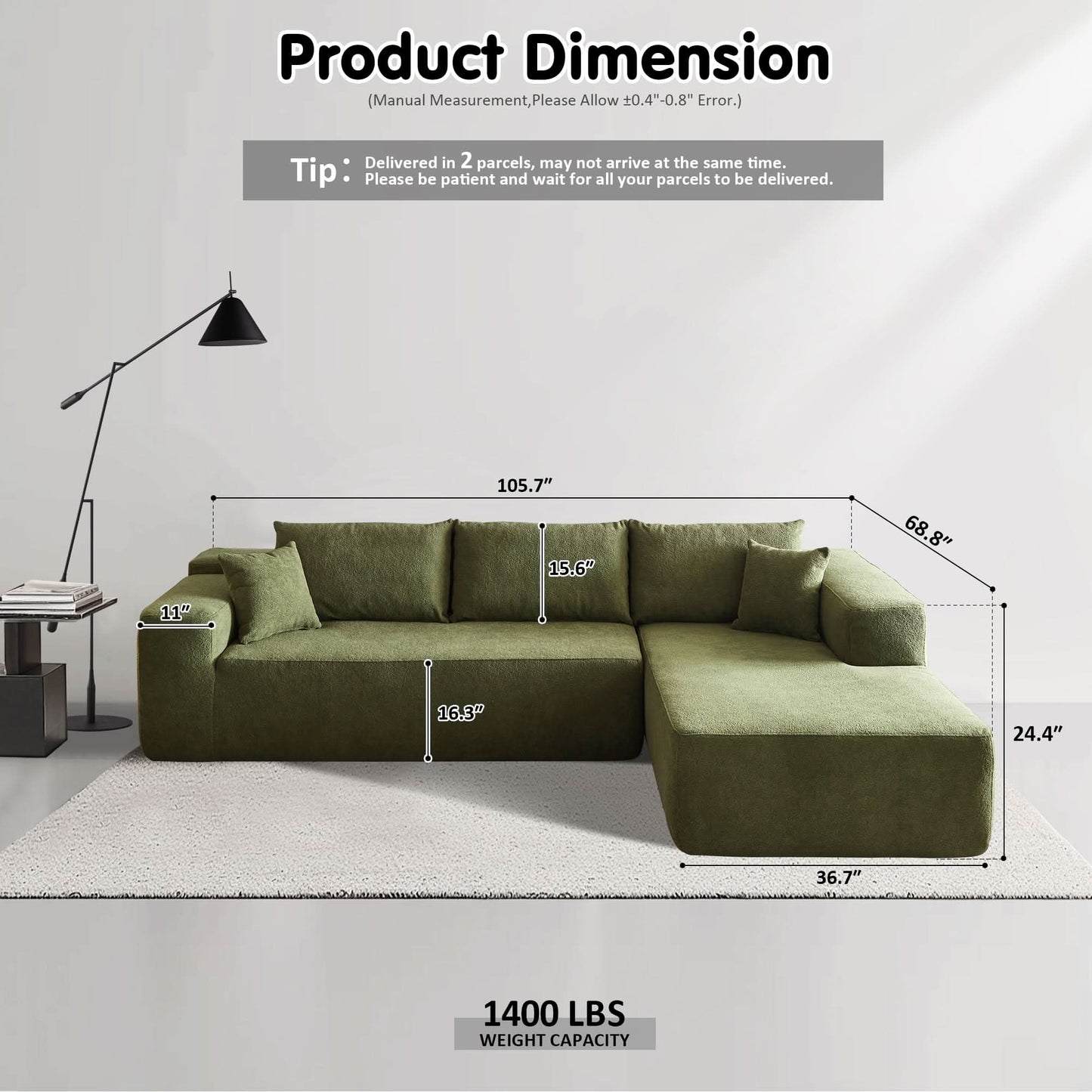 104" L-Shape Modular Couch with Chaise,Cloud Velvet Fabric,No Assembly Required