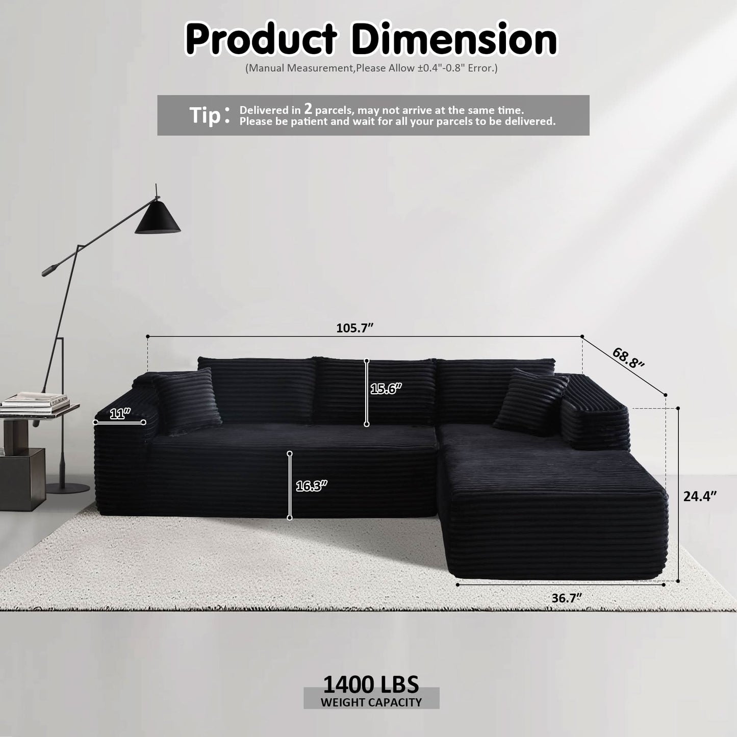 104" L-Shape Modular Couch with Chaise, Plush Corduroy Fabric, No Assembly Required