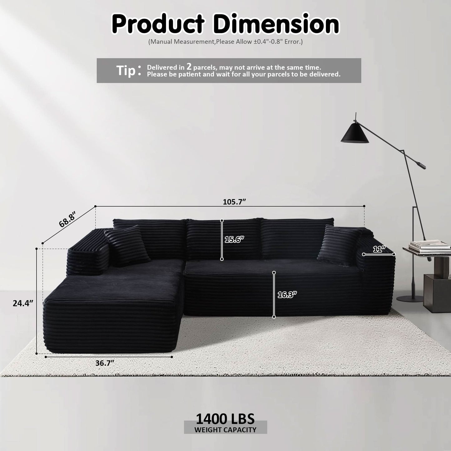 104" L-Shape Modular Couch with Chaise, Plush Corduroy Fabric, No Assembly Required