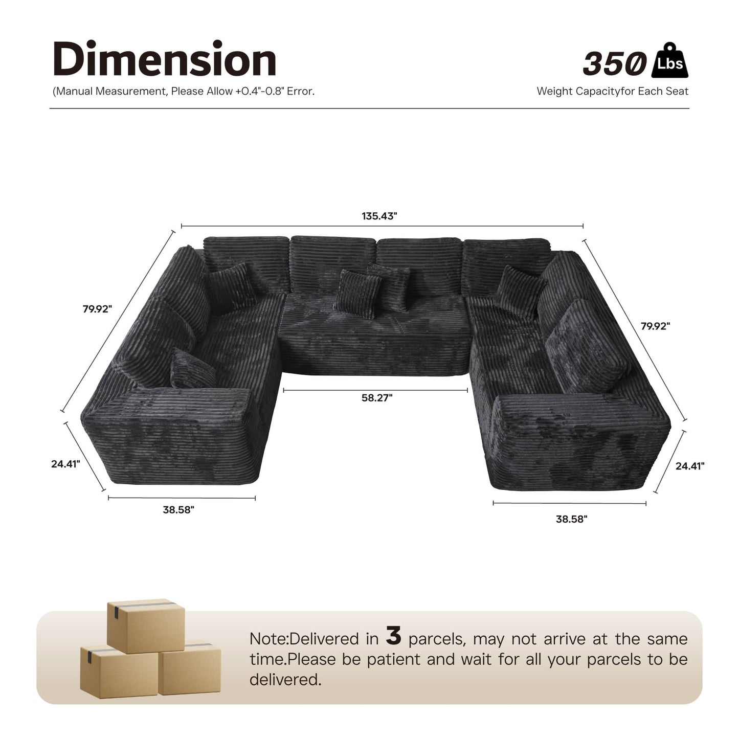 Modular Sectional Cloud Couch, Plush Corduroy Sofa with Memory Foam, No Assembly