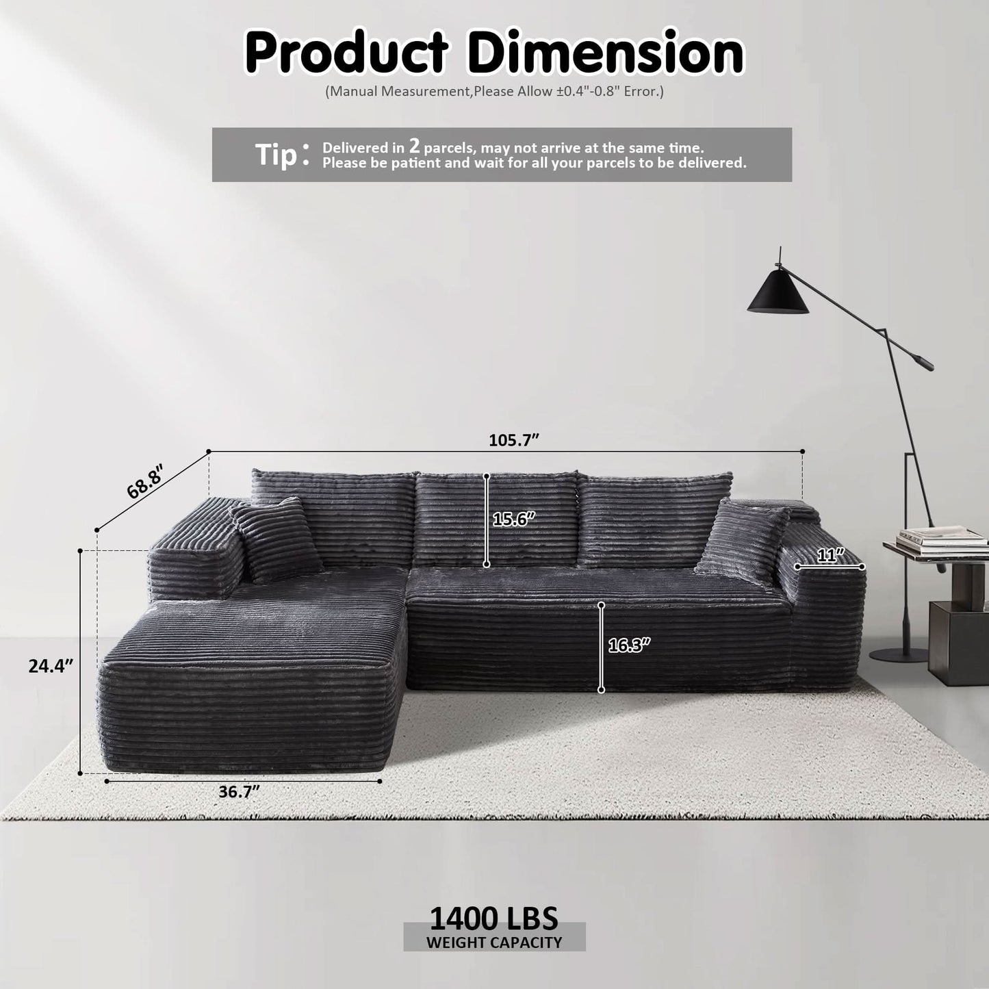 104" L-Shape Modular Couch with Chaise, Plush Corduroy Fabric, No Assembly Required