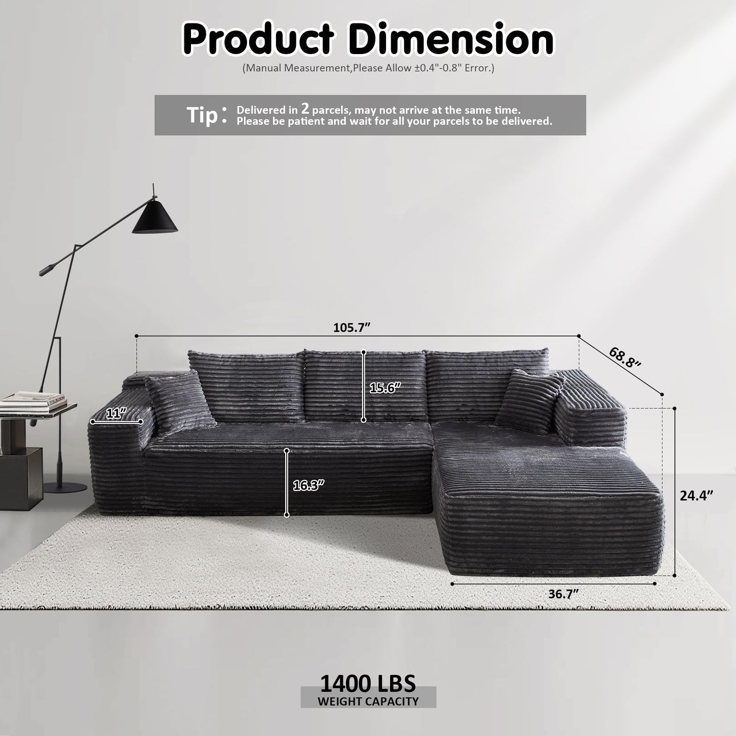 104" L-Shape Modular Couch with Chaise,Corduroy Fabric,No Assembly Required