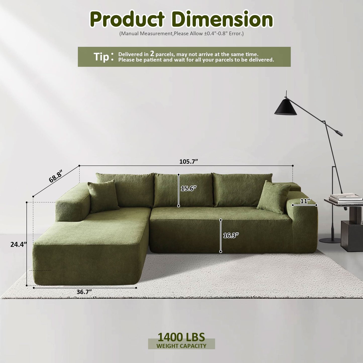 104" L-Shape Modular Couch with Chaise,Cloud Velvet Fabric,No Assembly Required