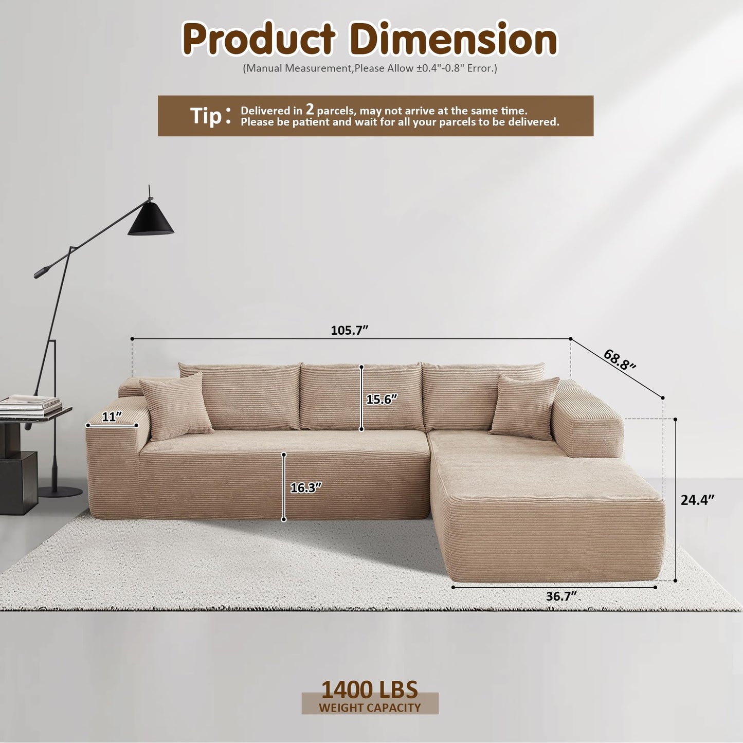 104" L-Shape Modular Couch with Chaise,Corduroy Fabric,No Assembly Required