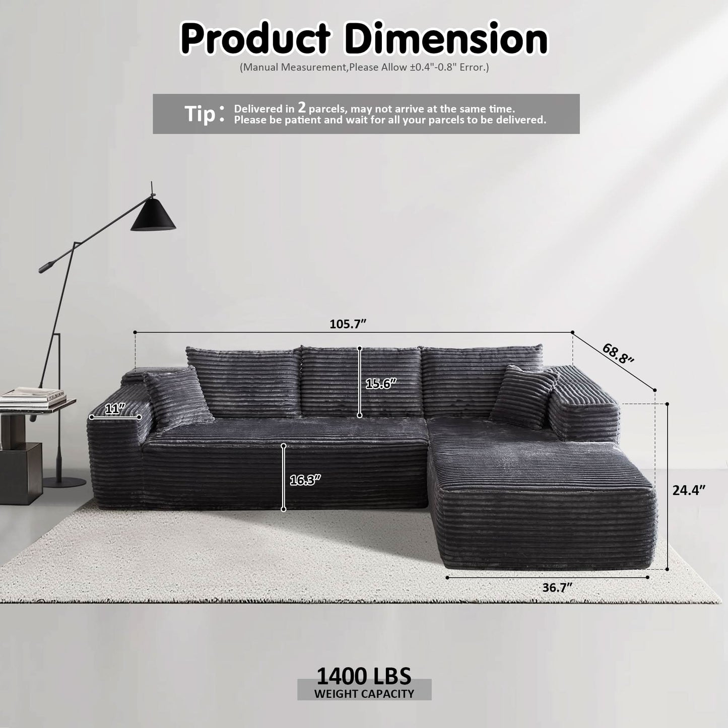 104" L-Shape Modular Couch with Chaise, Plush Corduroy Fabric, No Assembly Required
