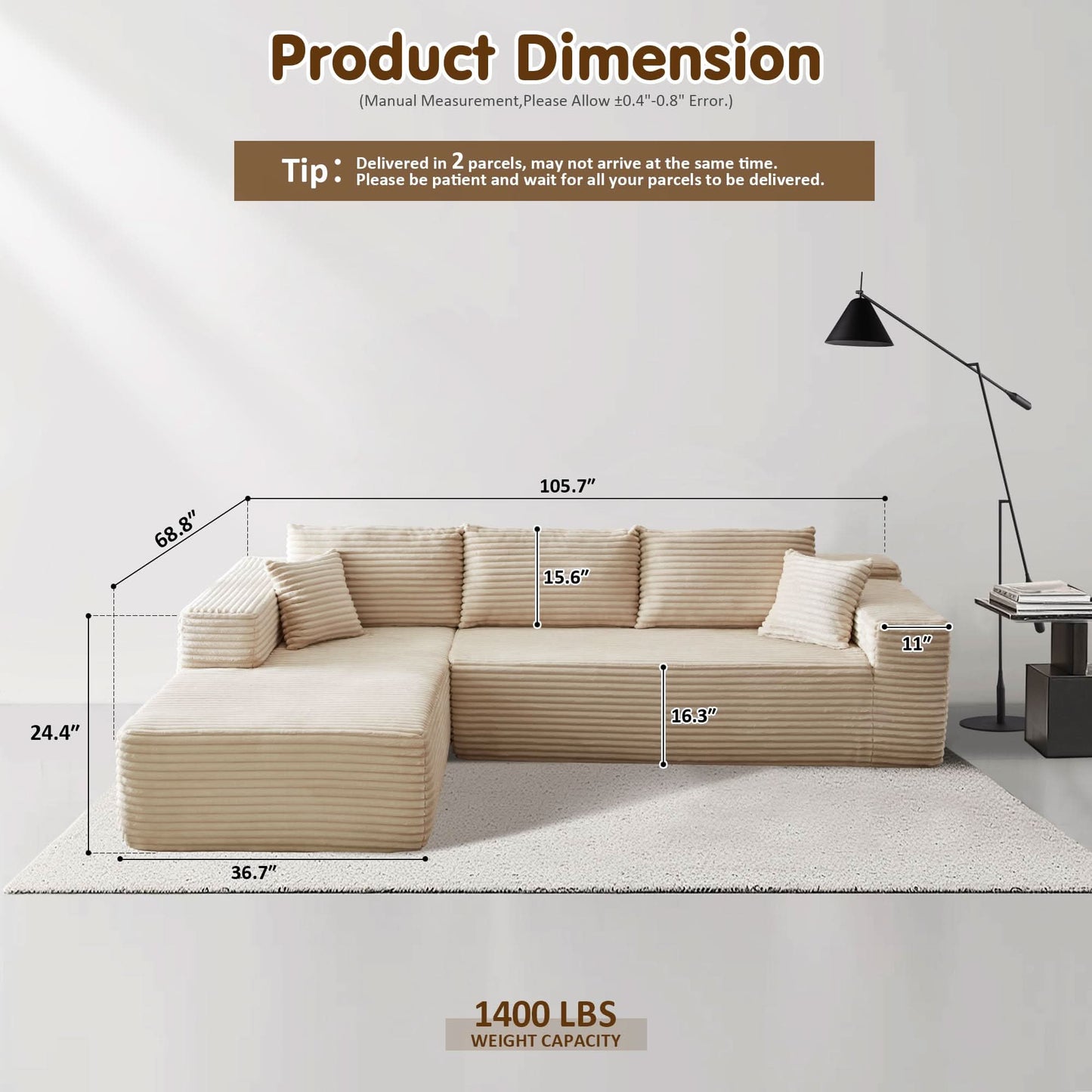 104" L-Shape Modular Couch with Chaise, Plush Corduroy Fabric, No Assembly Required
