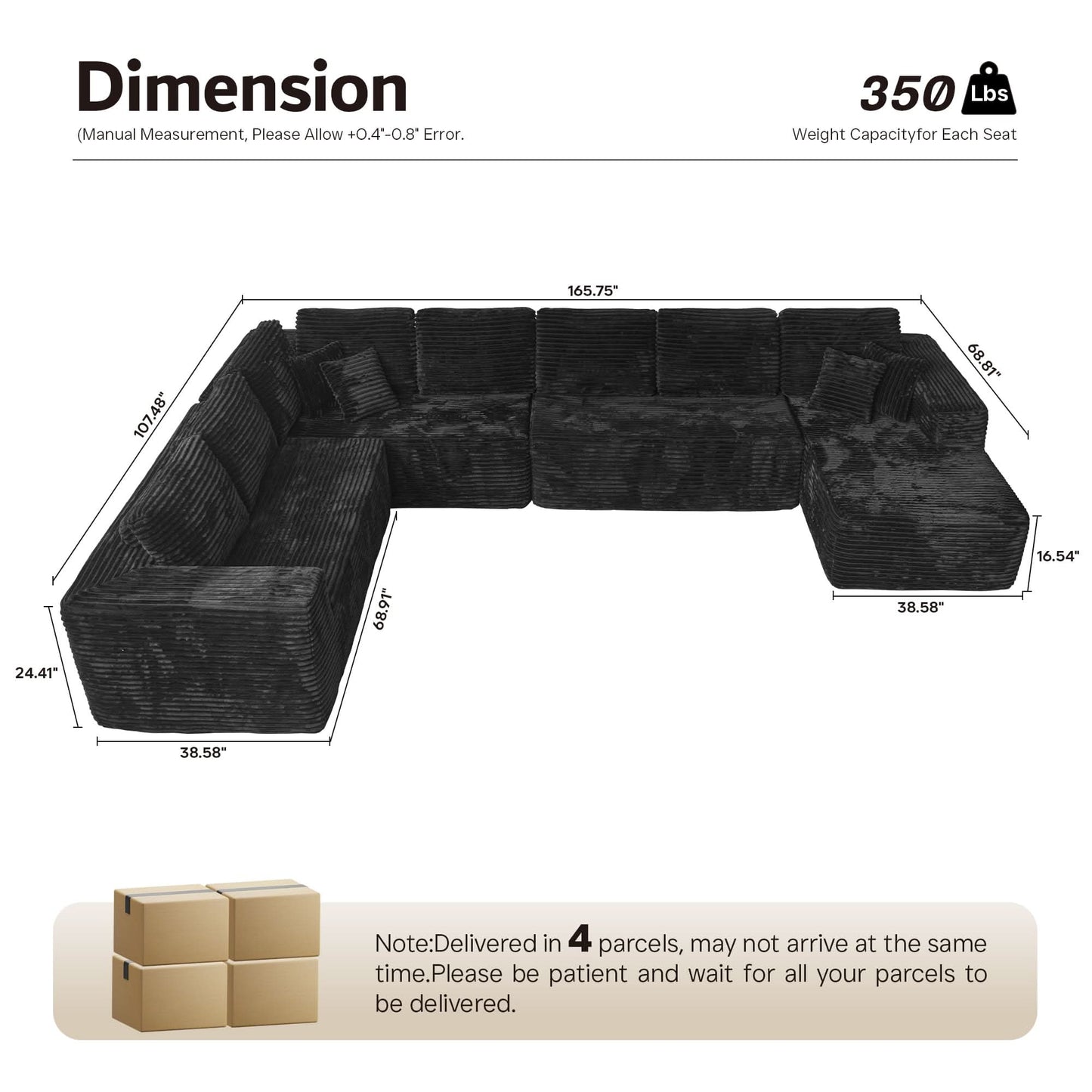 Modular Sectional Cloud Couch, Plush Corduroy Sofa with Memory Foam, No Assembly