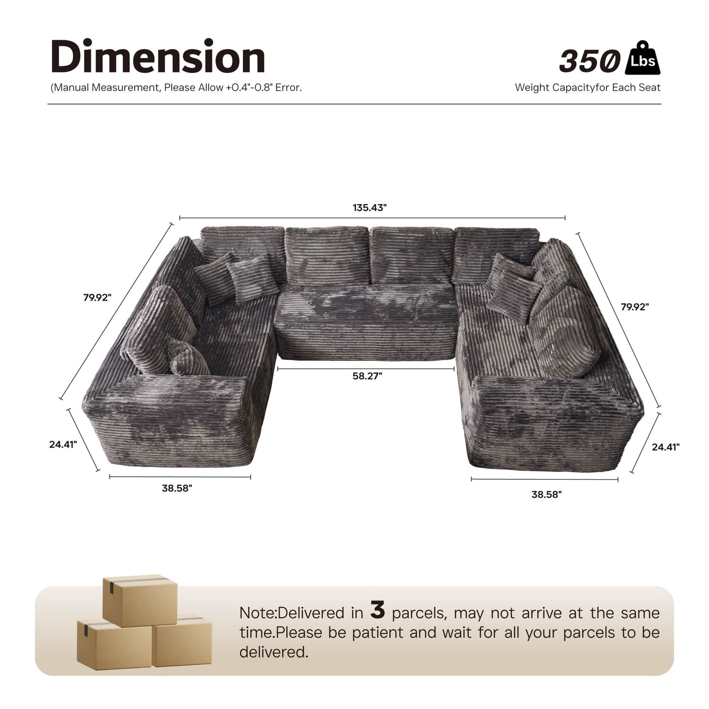Modular Sectional Cloud Couch, Plush Corduroy Sofa with Memory Foam, No Assembly