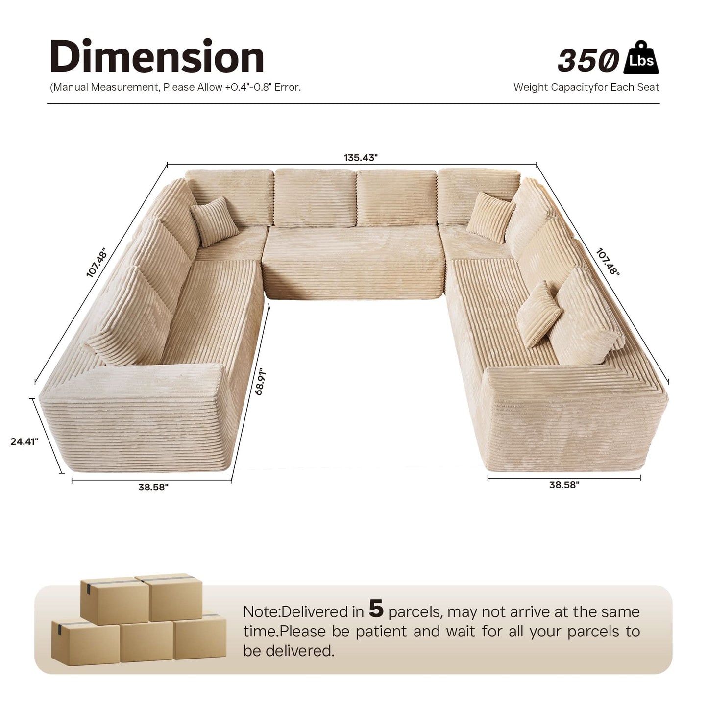 Modular Sectional Cloud Couch, Plush Corduroy Sofa with Memory Foam, No Assembly