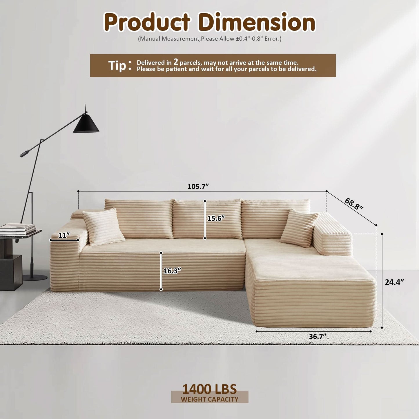 104" L-Shape Modular Couch with Chaise, Plush Corduroy Fabric, No Assembly Required