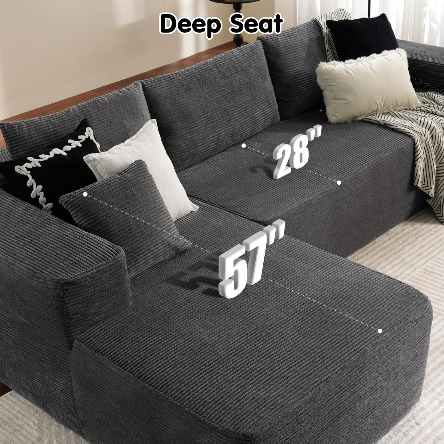 104" L-Shape Modular Couch with Chaise,Corduroy Fabric,No Assembly Required