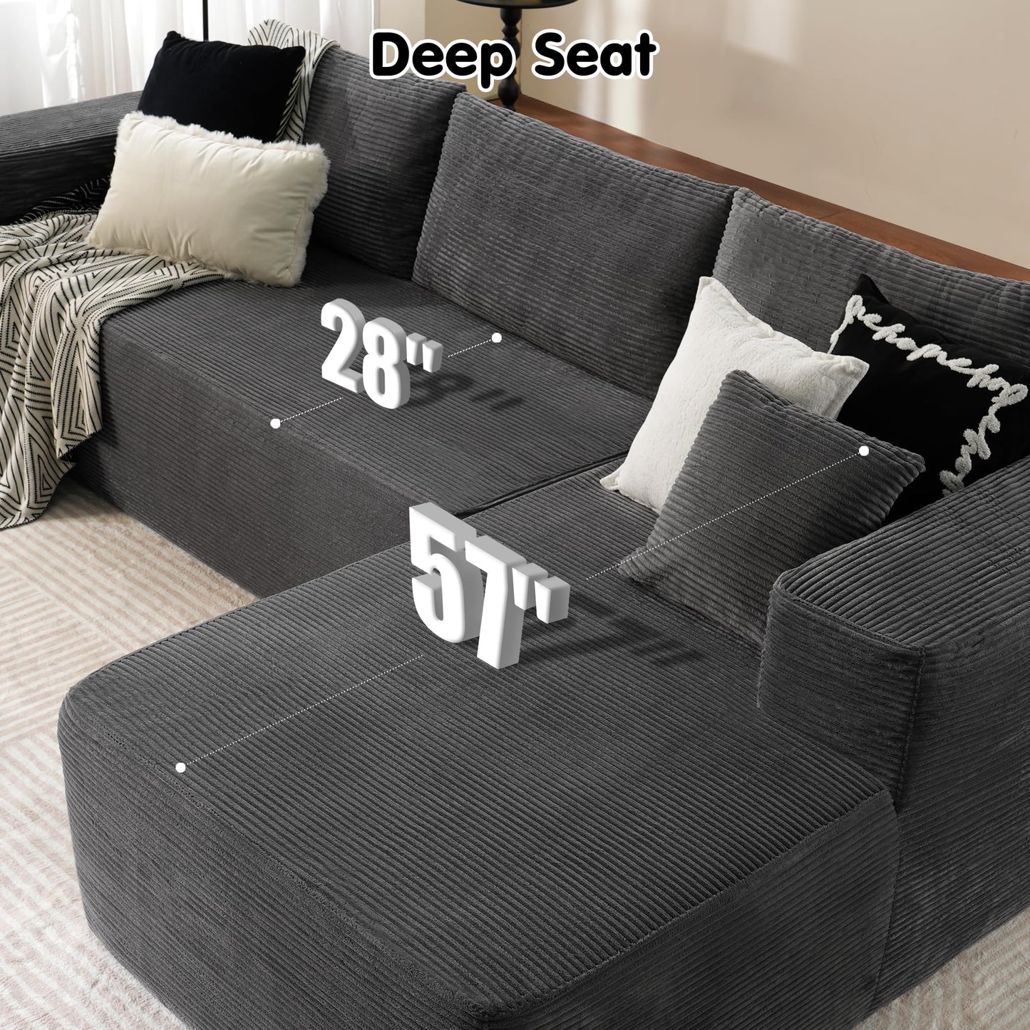 104" L-Shape Modular Couch with Chaise,Corduroy Fabric,No Assembly Required