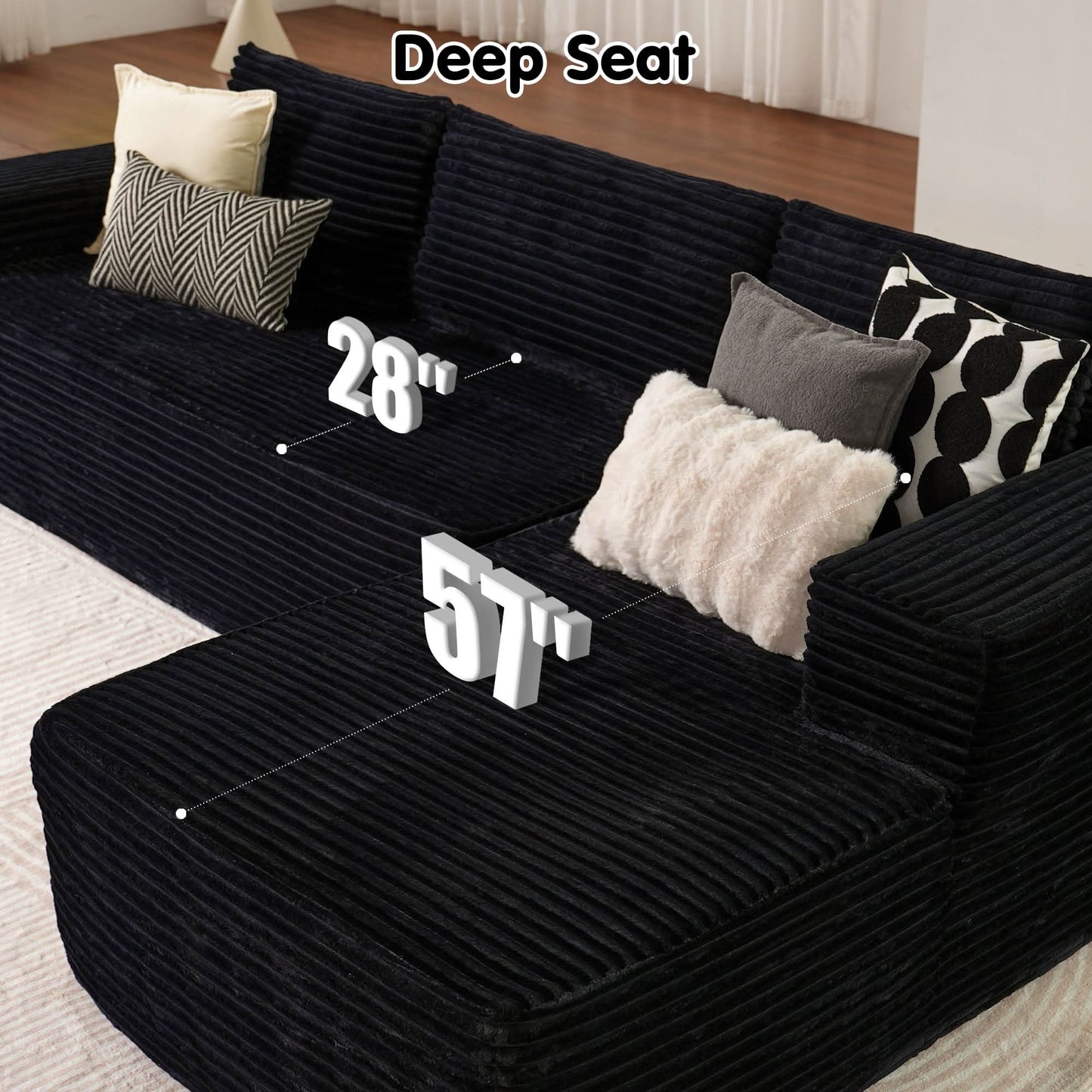 104" L-Shape Modular Couch with Chaise, Plush Corduroy Fabric, No Assembly Required