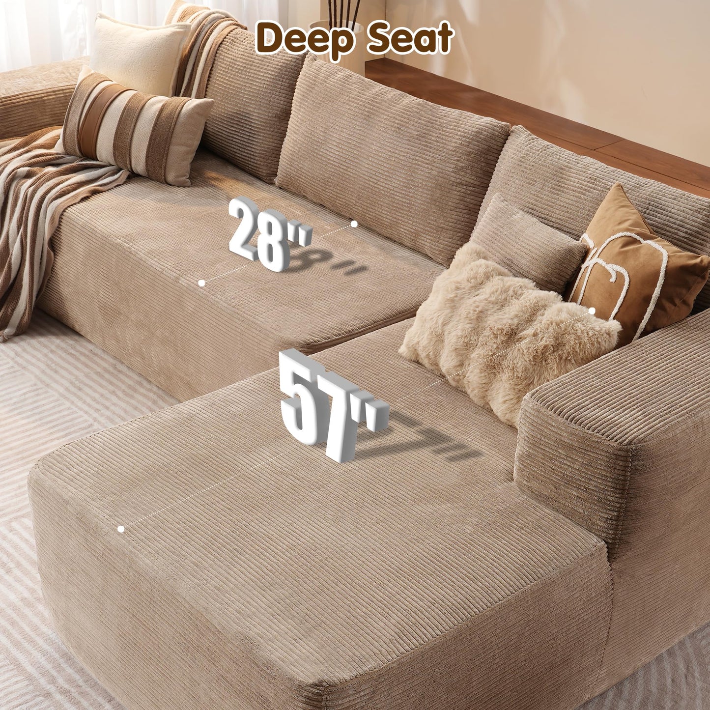 104" L-Shape Modular Couch with Chaise,Corduroy Fabric,No Assembly Required