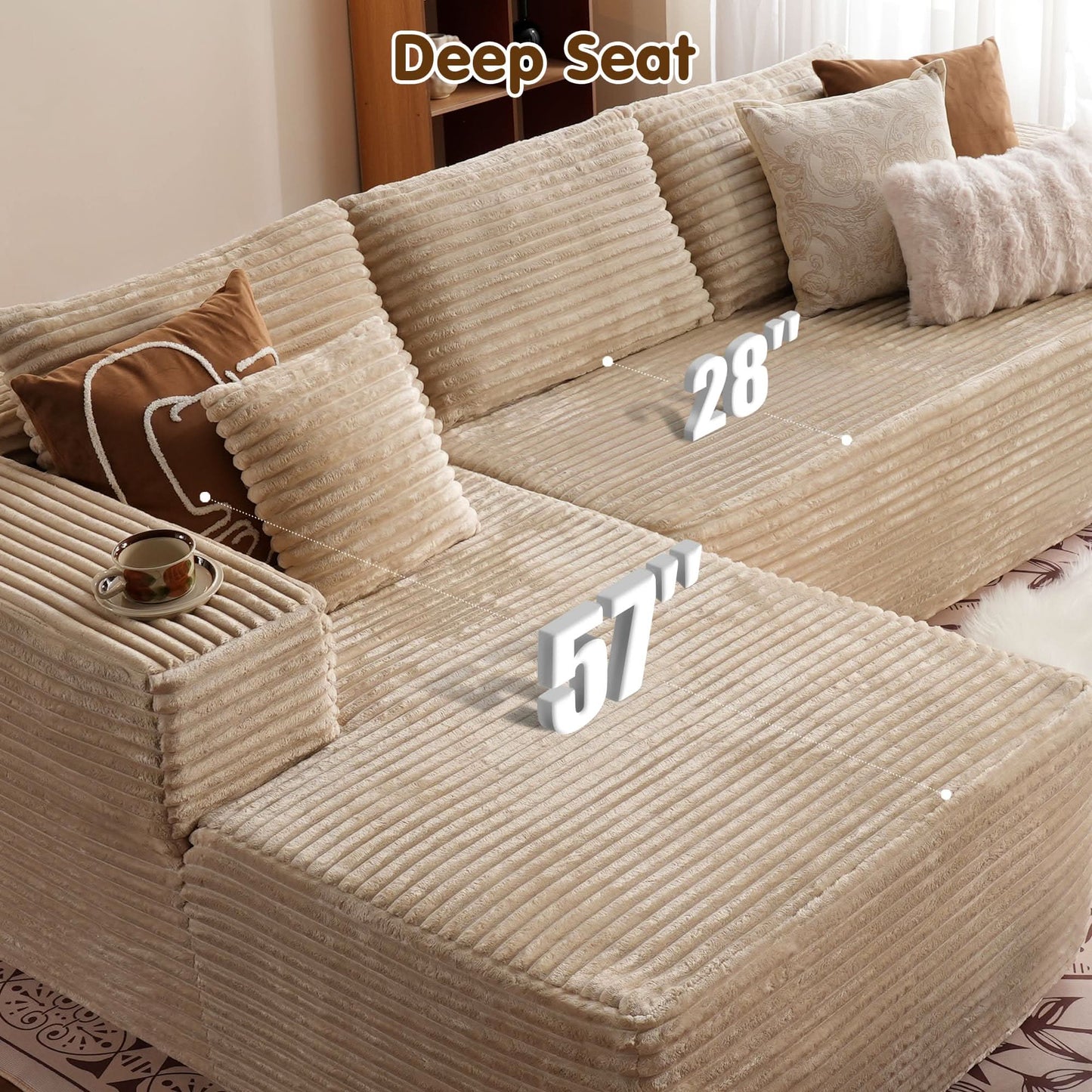 104" L-Shape Modular Couch with Chaise, Plush Corduroy Fabric, No Assembly Required