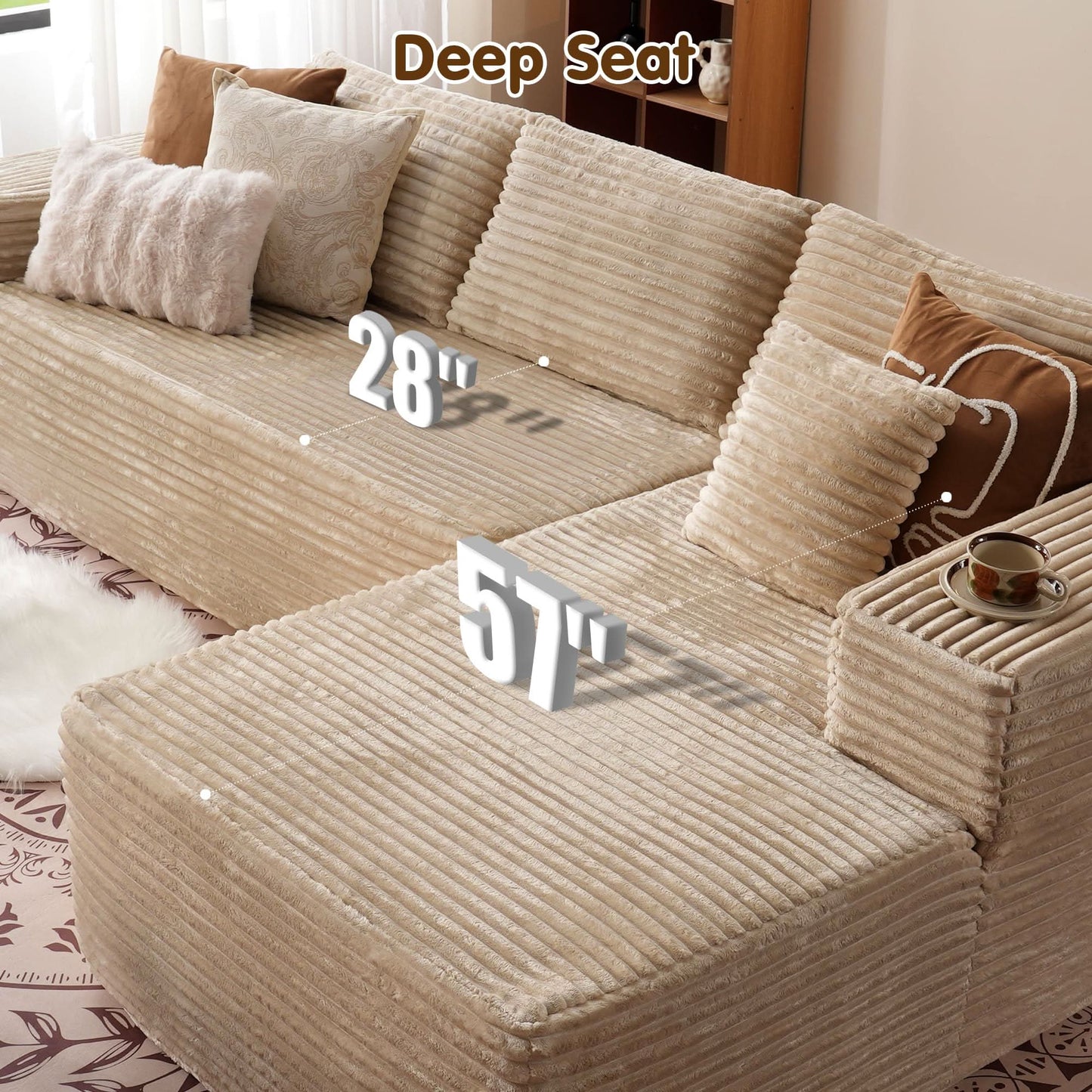 104" L-Shape Modular Couch with Chaise, Plush Corduroy Fabric, No Assembly Required