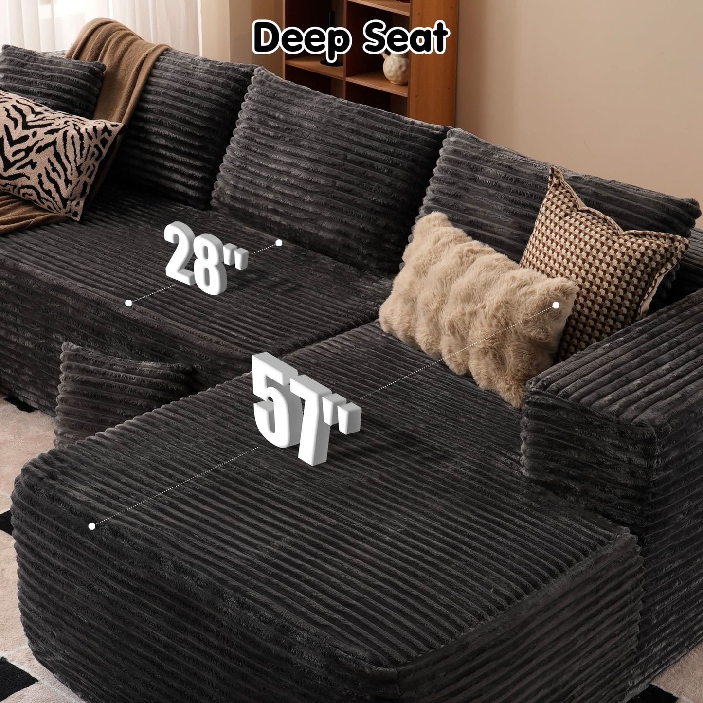 104" L-Shape Modular Couch with Chaise, Plush Corduroy Fabric, No Assembly Required