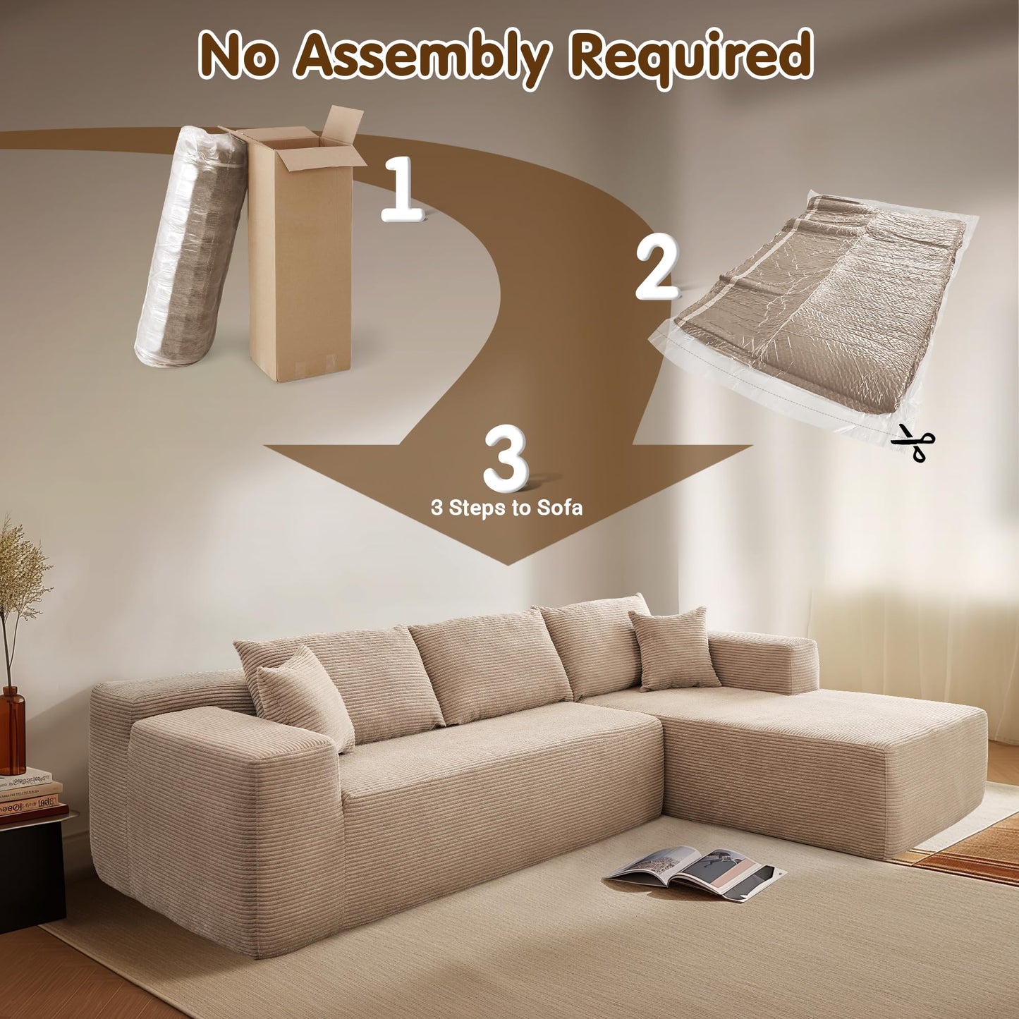 104" L-Shape Modular Couch with Chaise,Corduroy Fabric,No Assembly Required
