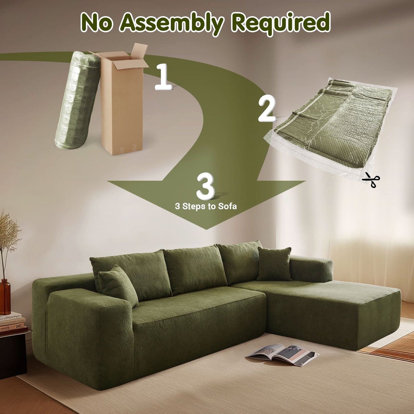 104" L-Shape Modular Couch with Chaise,Cloud Velvet Fabric,No Assembly Required
