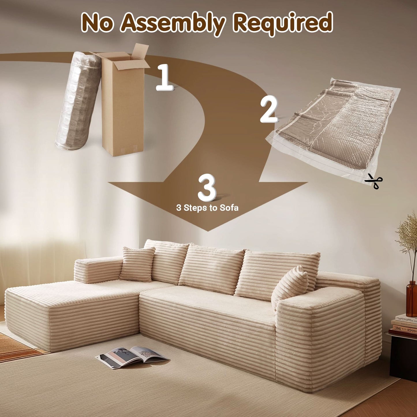 104" L-Shape Modular Couch with Chaise, Plush Corduroy Fabric, No Assembly Required