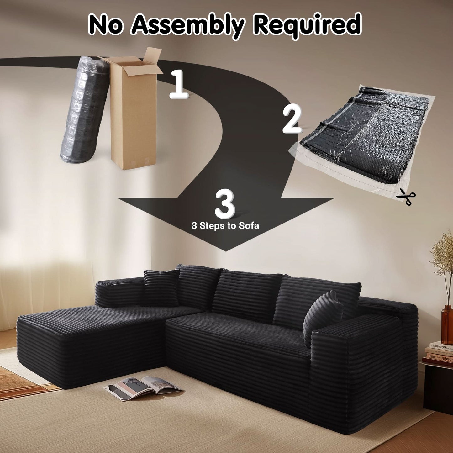 104" L-Shape Modular Couch with Chaise, Plush Corduroy Fabric, No Assembly Required