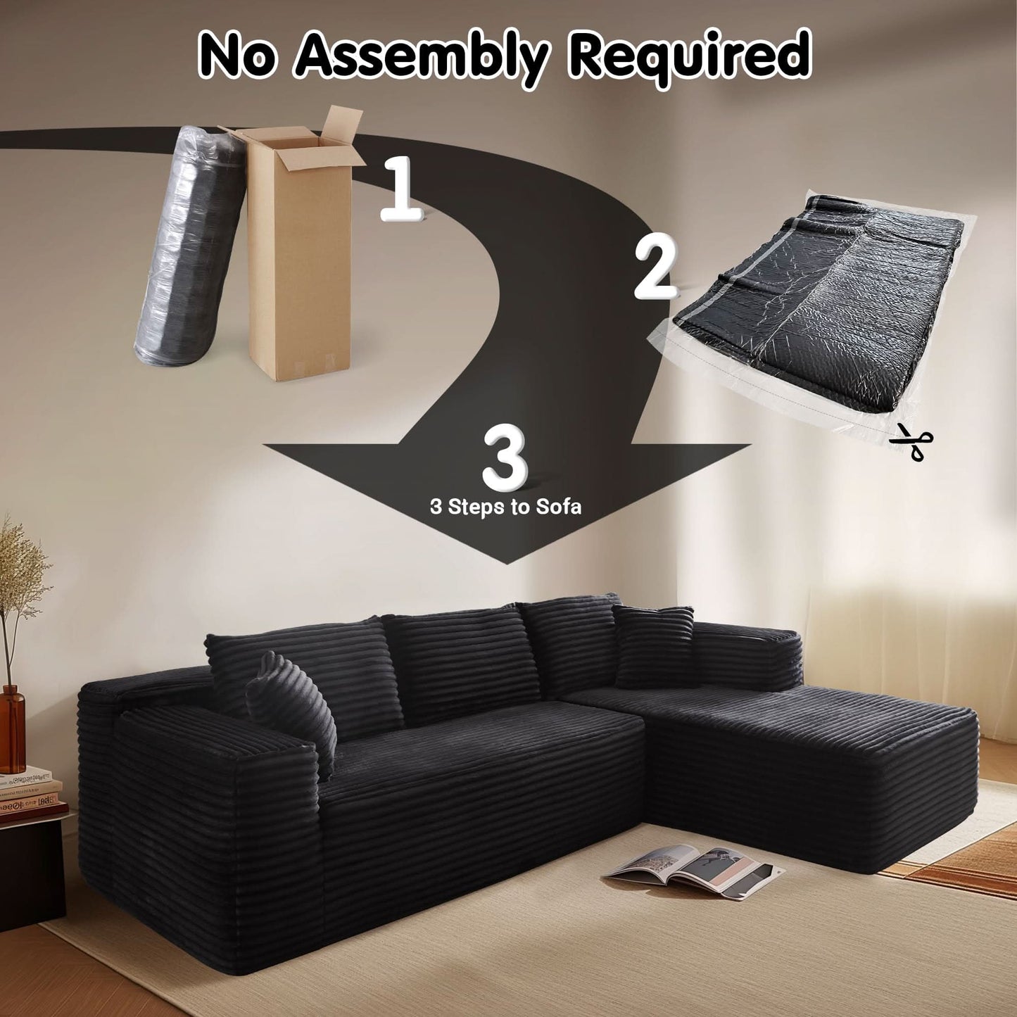 104" L-Shape Modular Couch with Chaise, Plush Corduroy Fabric, No Assembly Required