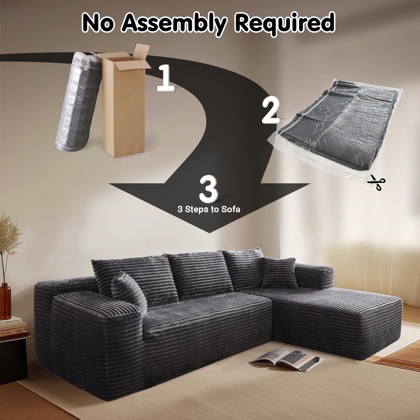 104" L-Shape Modular Couch with Chaise,Corduroy Fabric,No Assembly Required