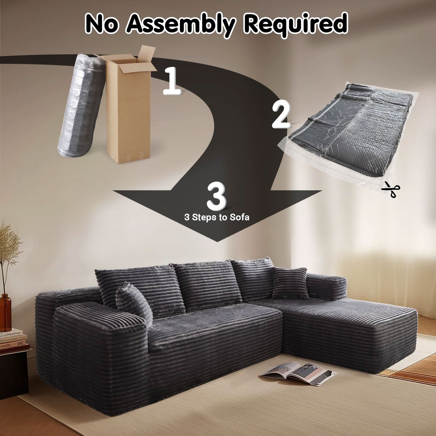 104" L-Shape Modular Couch with Chaise, Plush Corduroy Fabric, No Assembly Required