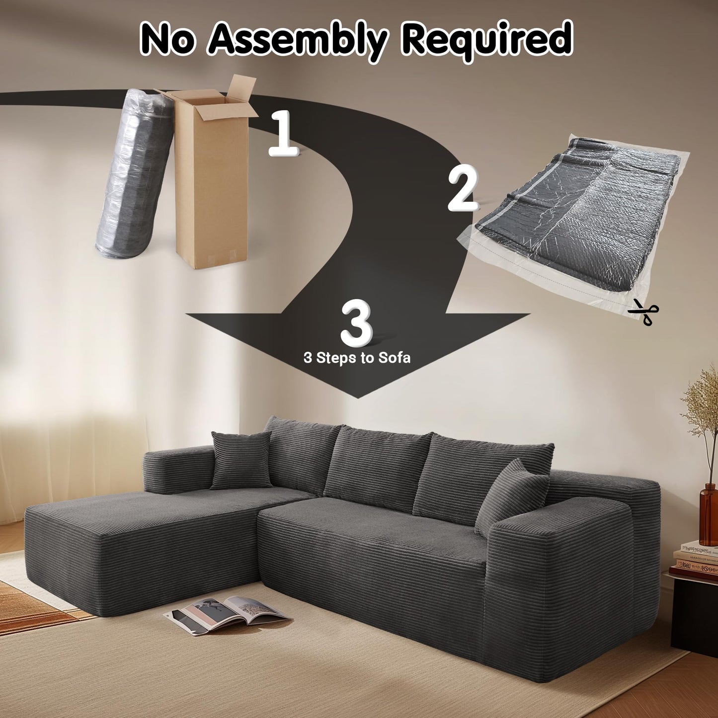 104" L-Shape Modular Couch with Chaise,Corduroy Fabric,No Assembly Required