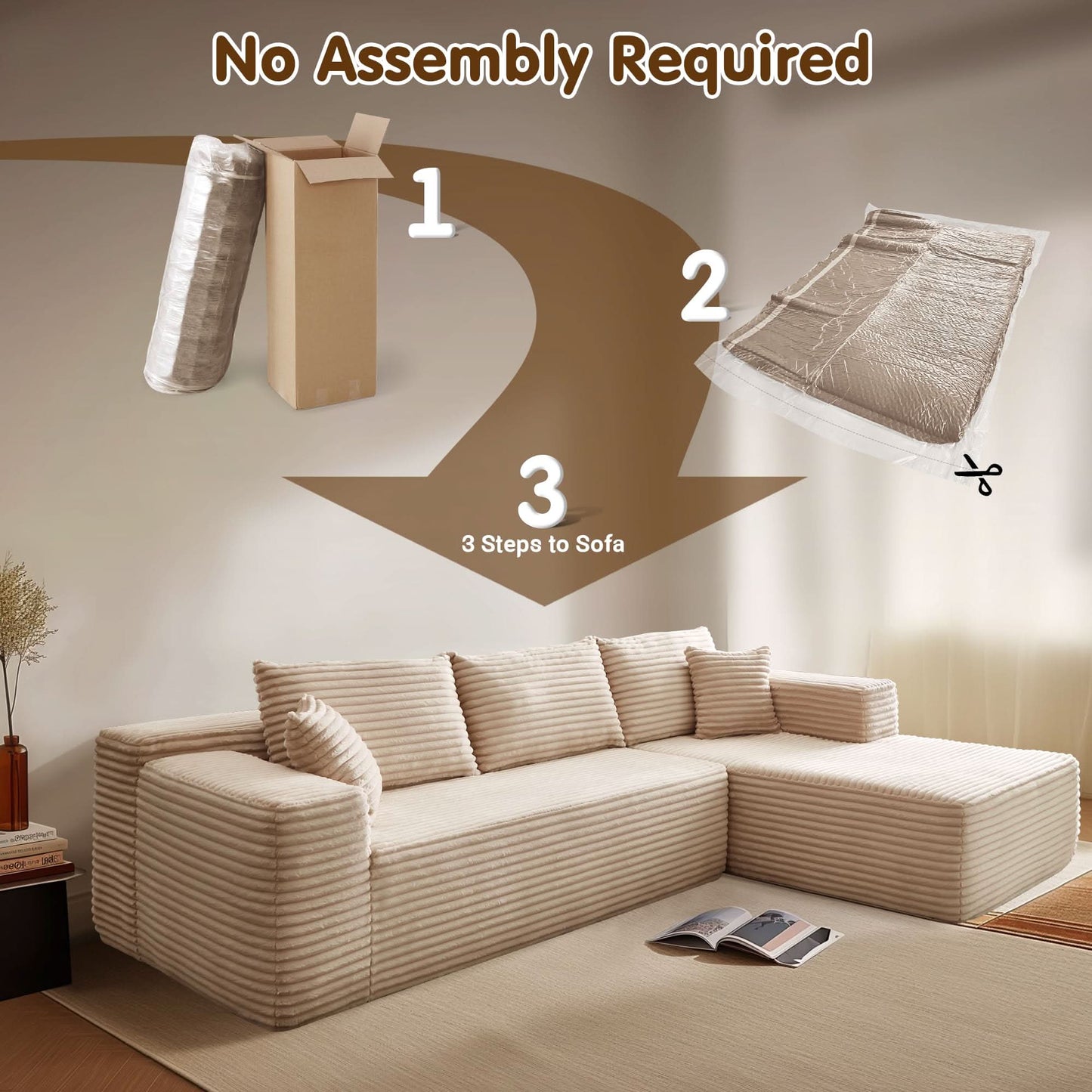 104" L-Shape Modular Couch with Chaise, Plush Corduroy Fabric, No Assembly Required