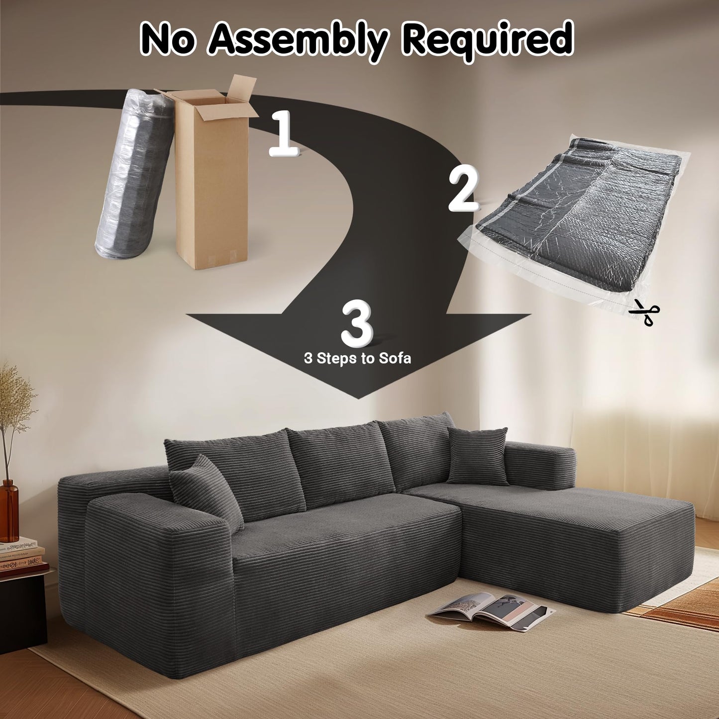104" L-Shape Modular Couch with Chaise,Corduroy Fabric,No Assembly Required
